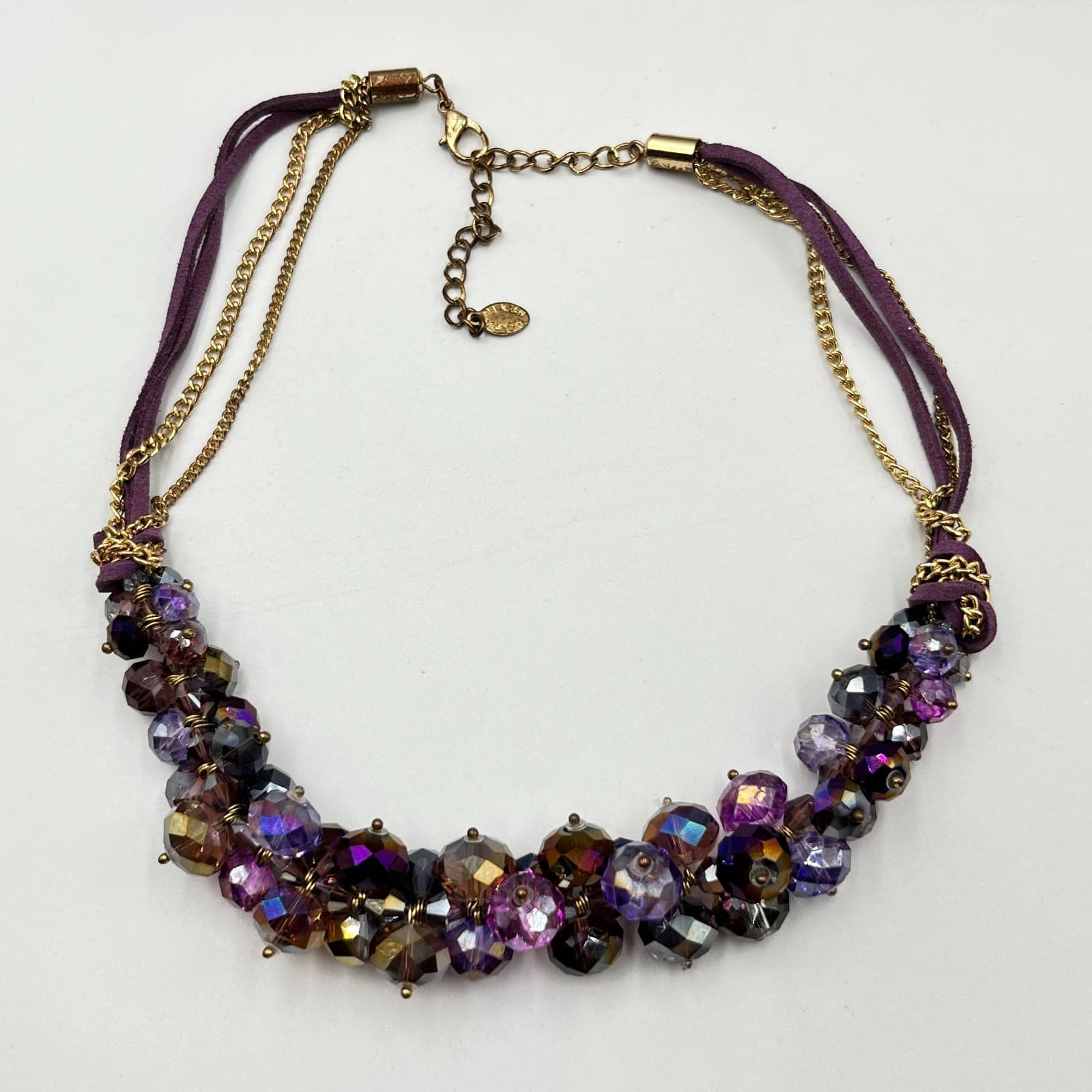 VTG Ali Khan New York Purple Crystal Cluster Statement Necklace Gold Tone Boho - Thumbnail 2