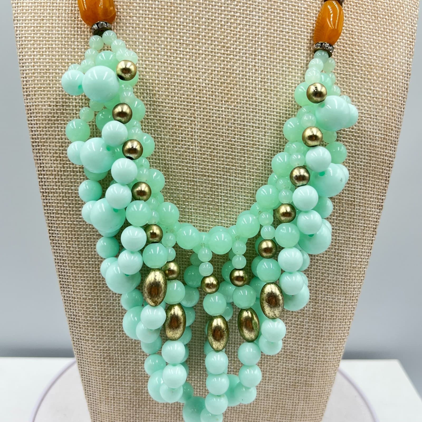 Vintage Retro Mint Green Bib Necklace Amber Tone Resin Accents Chunky Statement - Thumbnail 3