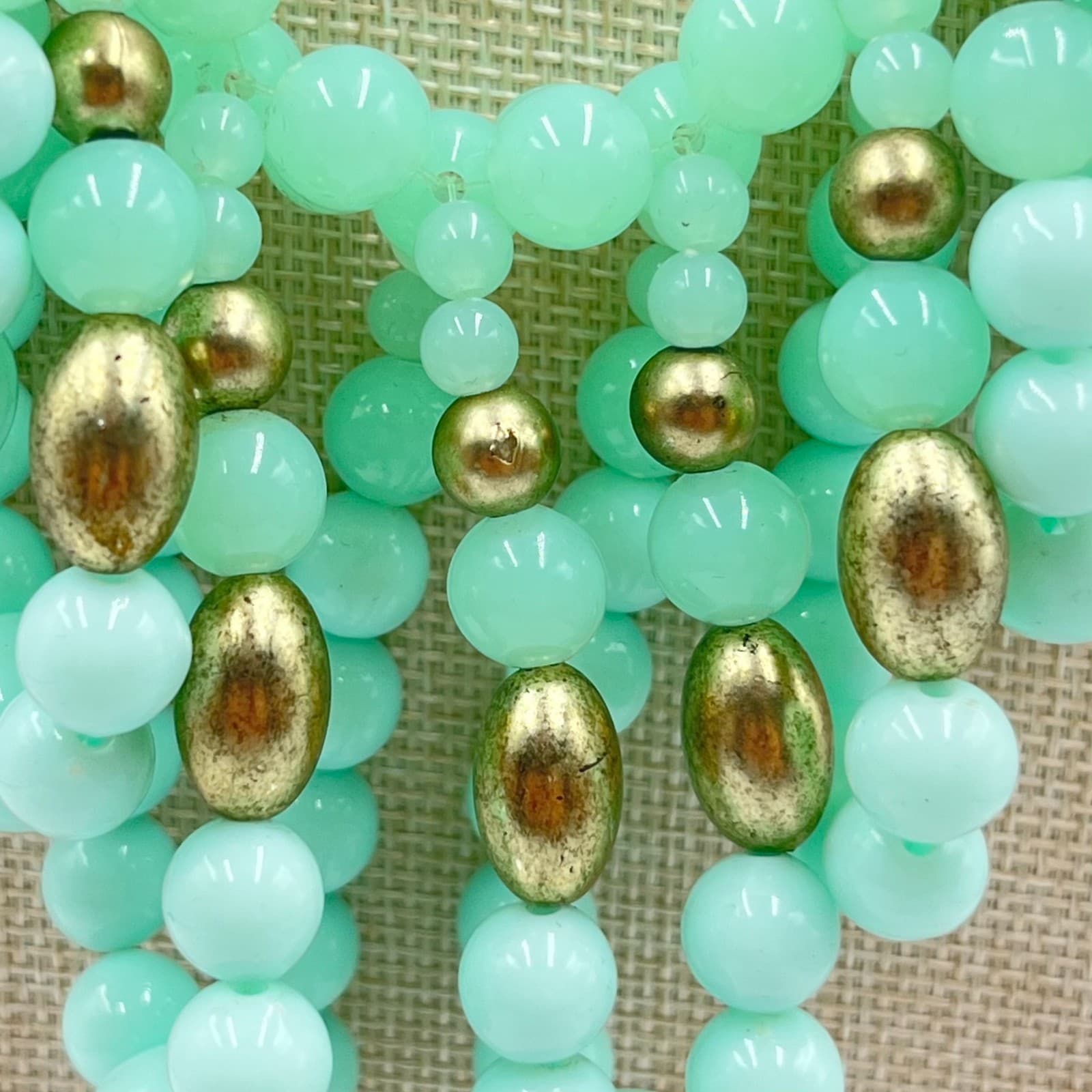 Vintage Retro Mint Green Bib Necklace Amber Tone Resin Accents Chunky Statement - Thumbnail 4