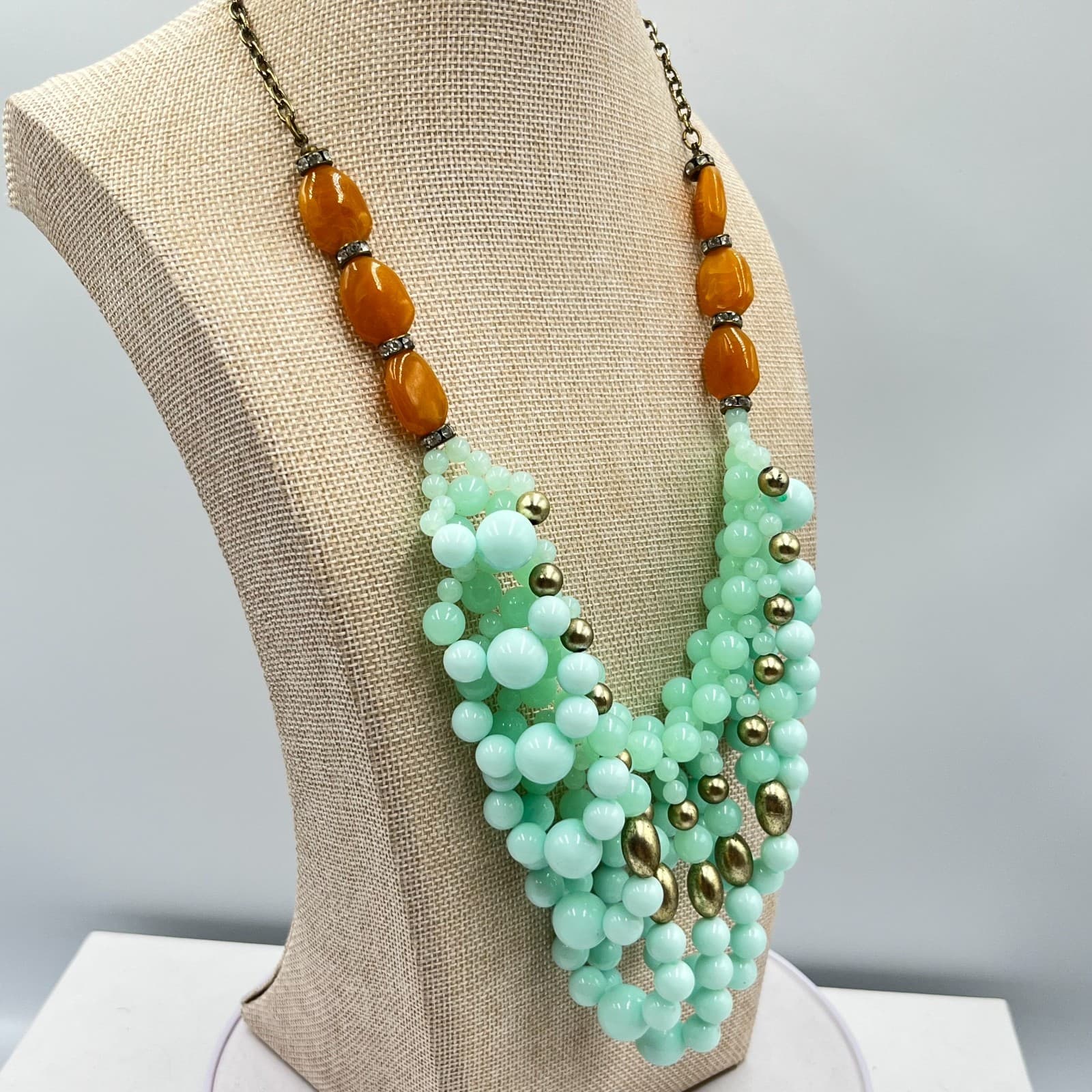Vintage Retro Mint Green Bib Necklace Amber Tone Resin Accents Chunky Statement - Thumbnail 5