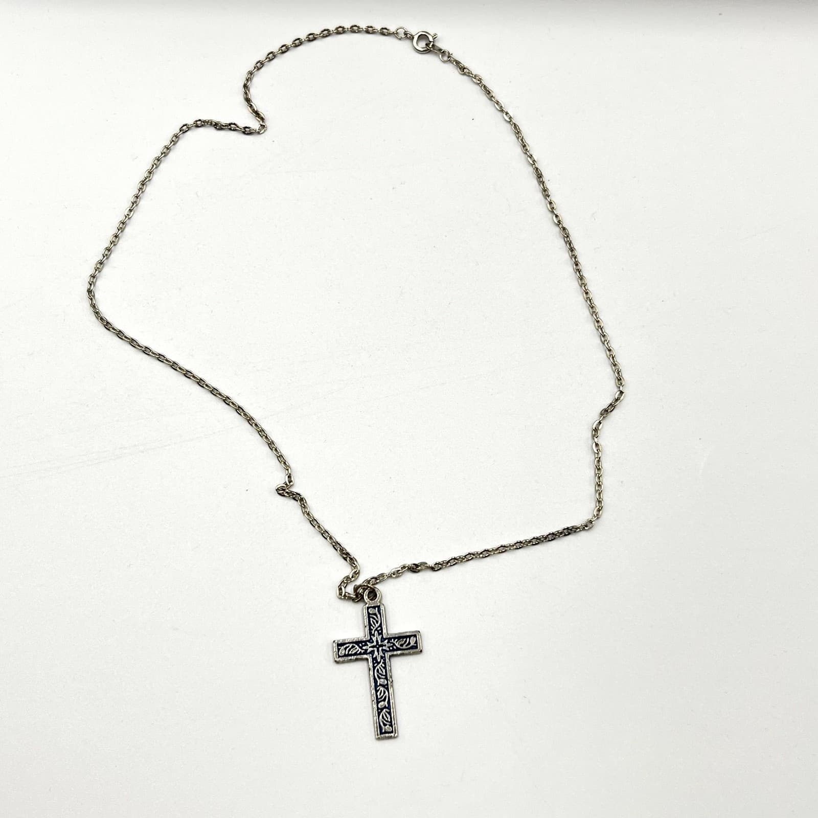 Vintage Blue Enamel Silver Tone Cross Pendant Necklace Religious Spiritual Boho - Thumbnail 4