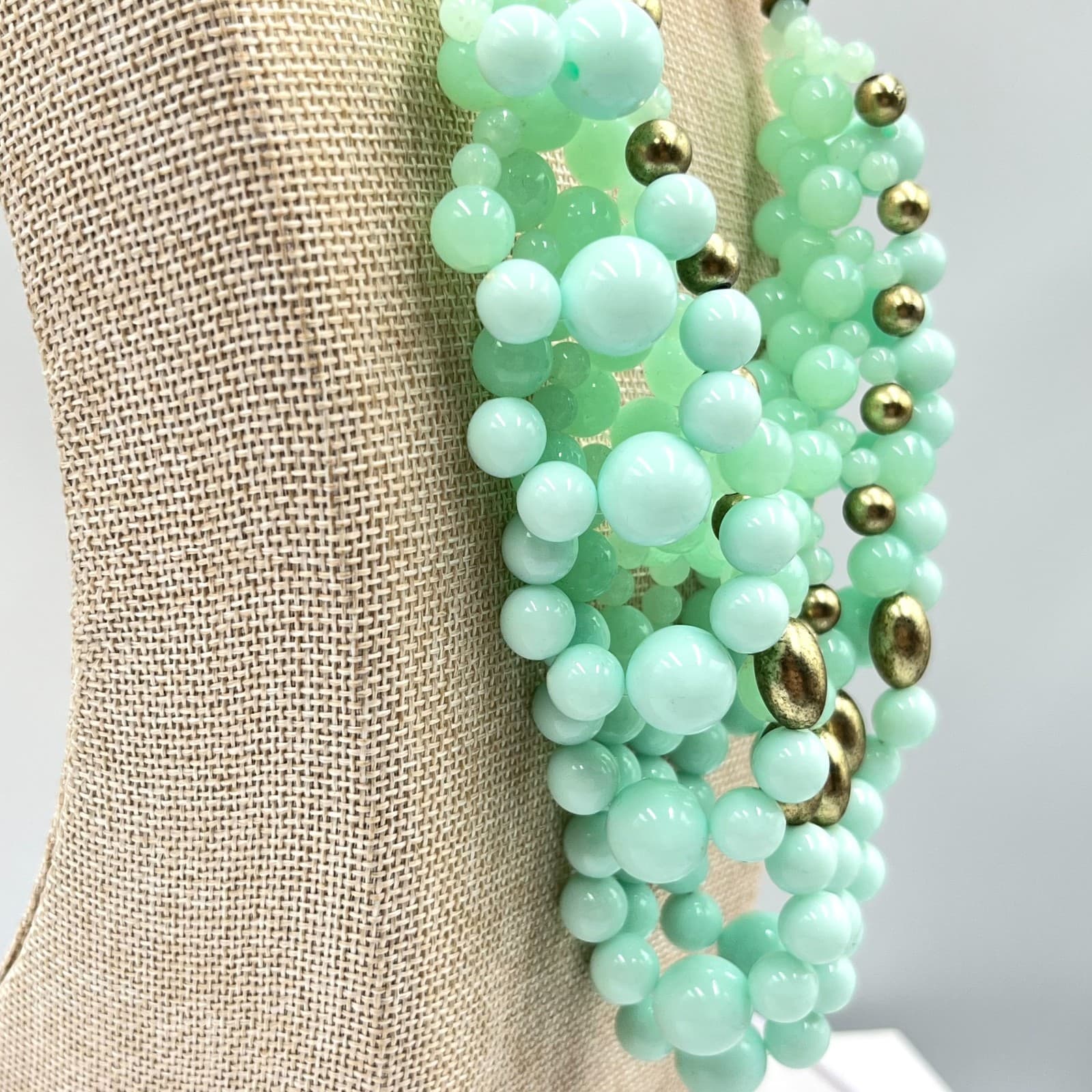 Vintage Retro Mint Green Bib Necklace Amber Tone Resin Accents Chunky Statement - Thumbnail 6