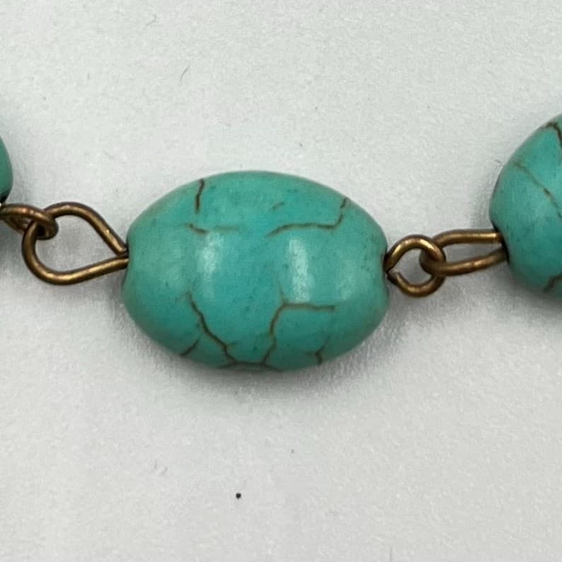 Vintage Boho Faux Turquoise Bead Necklace Retro Bronze Tone Corded Adjustable - Thumbnail 5