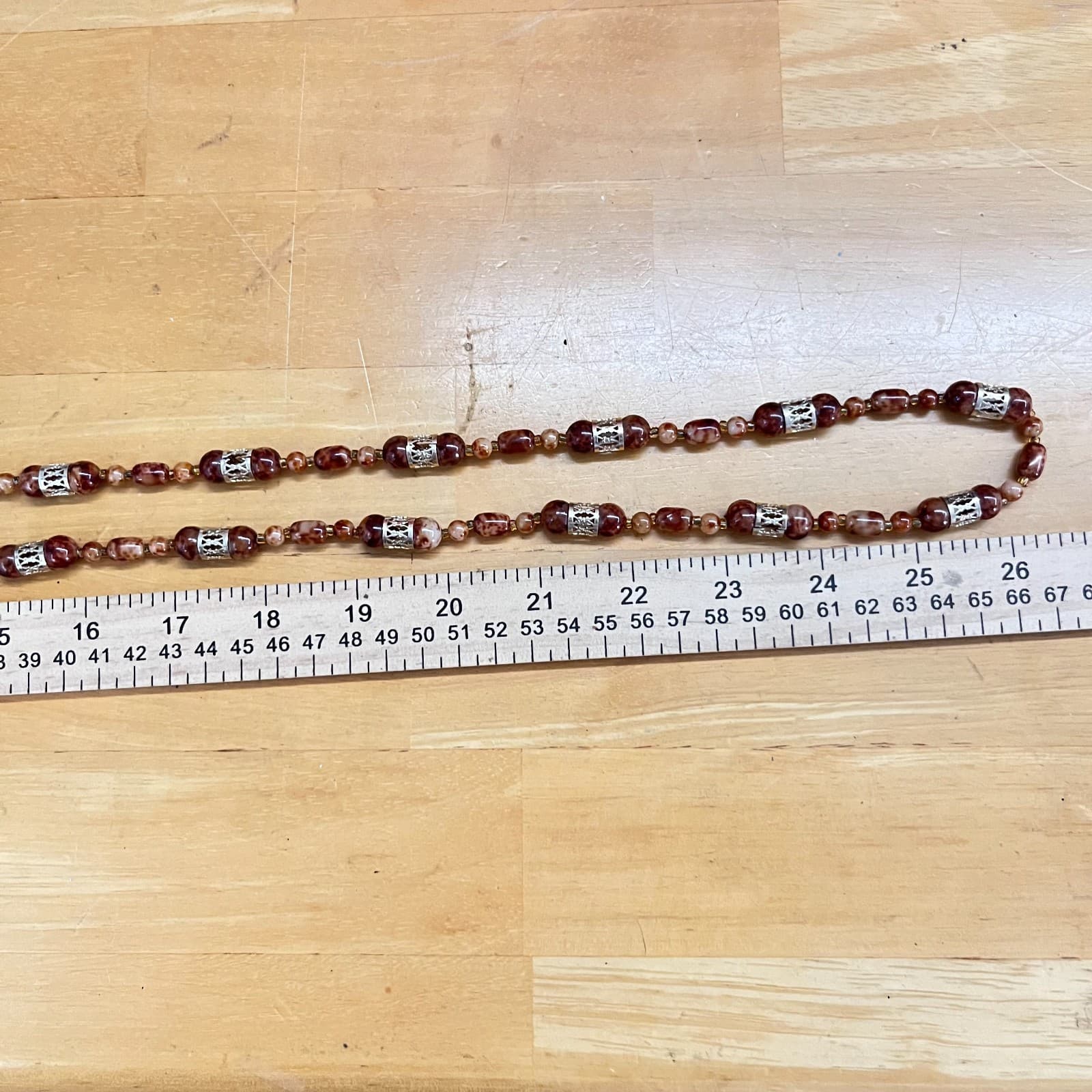 VTG Retro Faux Tortoise Shell Brown Mottled Bead Long Strand Necklace Gold Tone - Thumbnail 11
