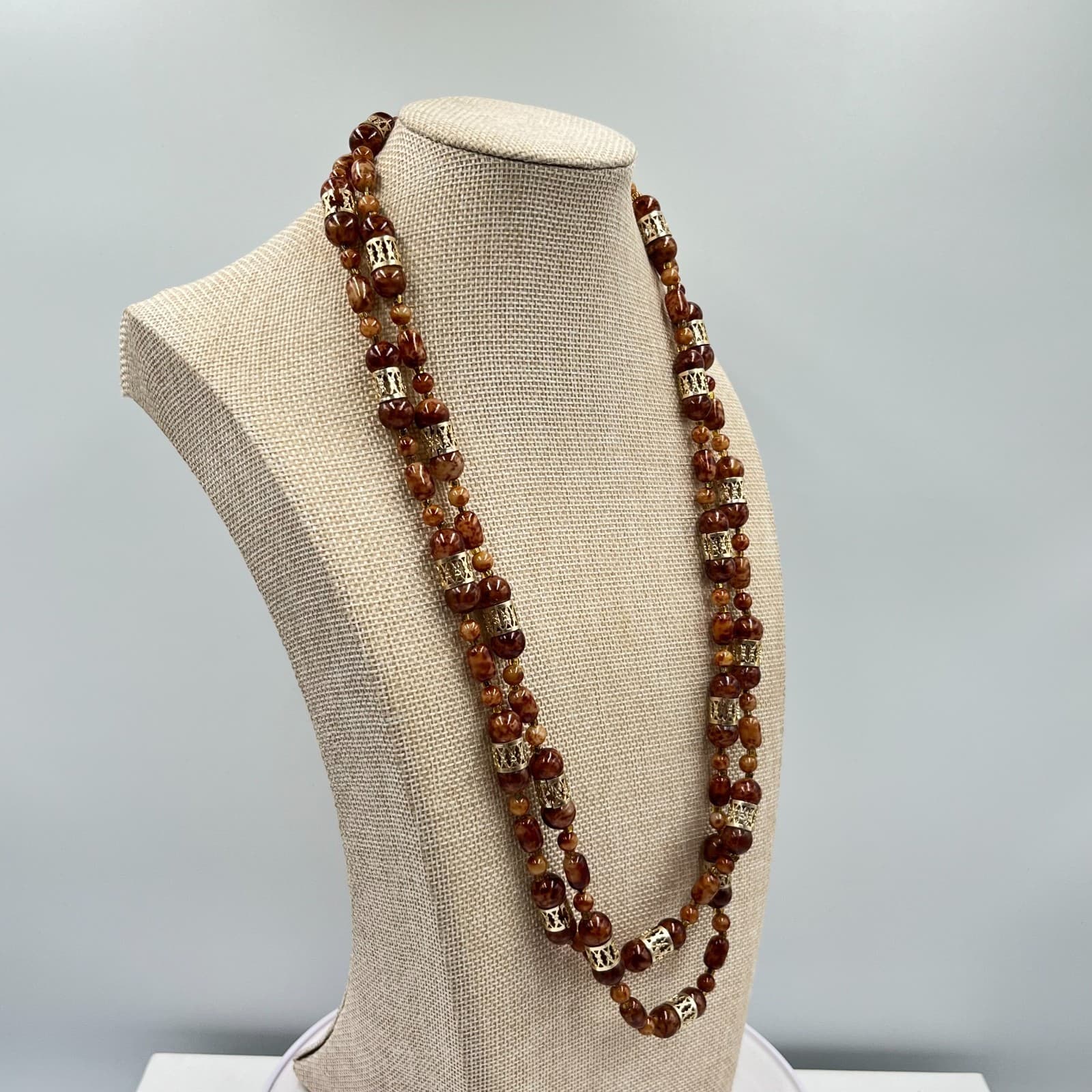 VTG Retro Faux Tortoise Shell Brown Mottled Bead Long Strand Necklace Gold Tone - Thumbnail 6