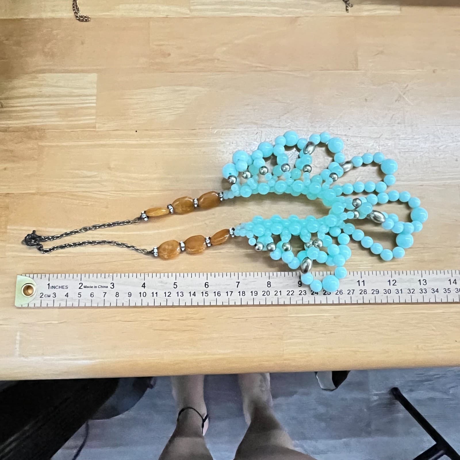 Vintage Retro Mint Green Bib Necklace Amber Tone Resin Accents Chunky Statement - Thumbnail 8