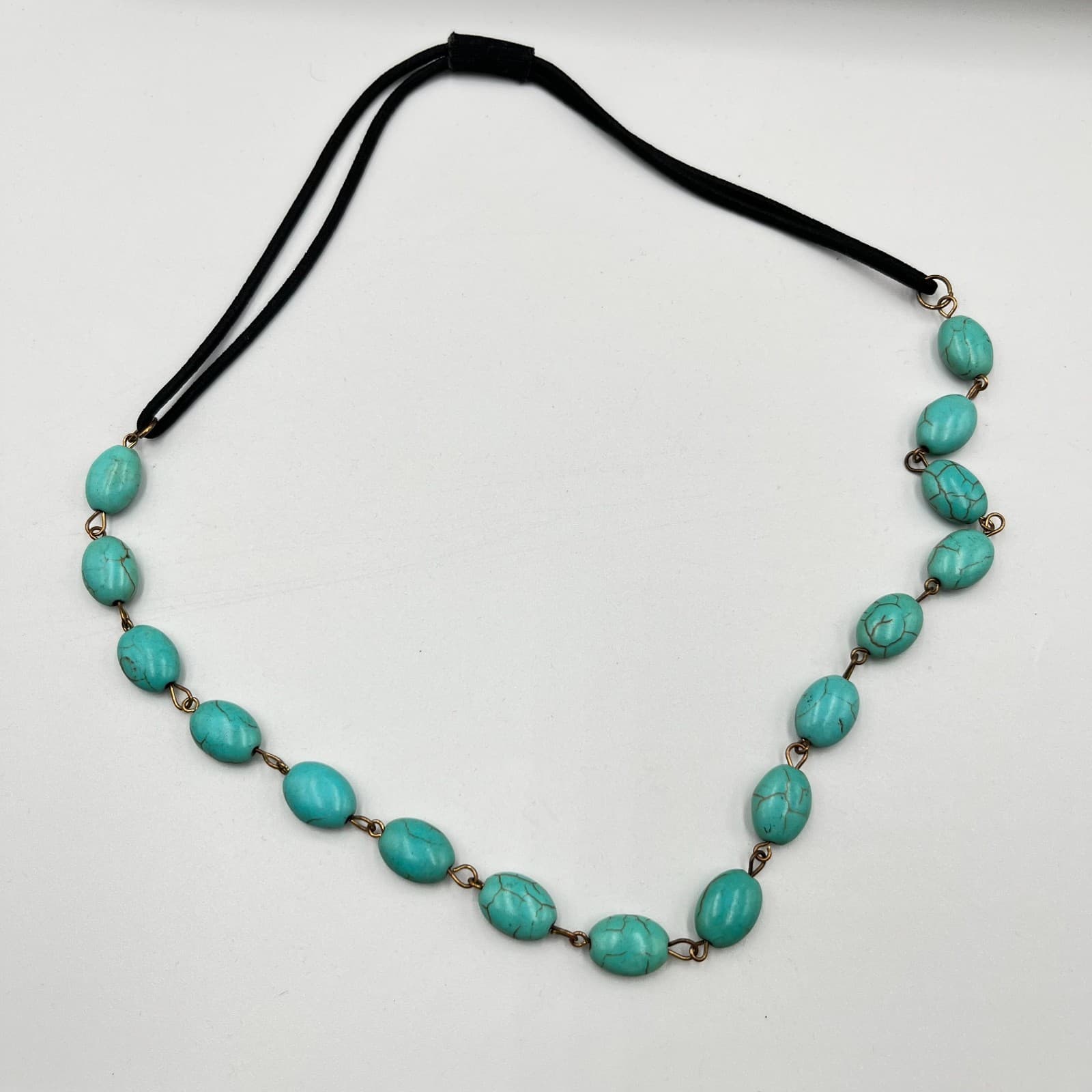 Vintage Boho Faux Turquoise Bead Necklace Retro Bronze Tone Corded Adjustable - Thumbnail 2