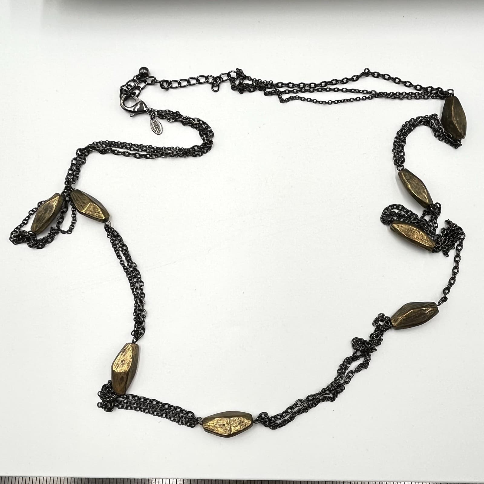 VTG Chico's Long Gunmetal Triple Strand Necklace Bronze Textured Bead Industrial - Thumbnail 2