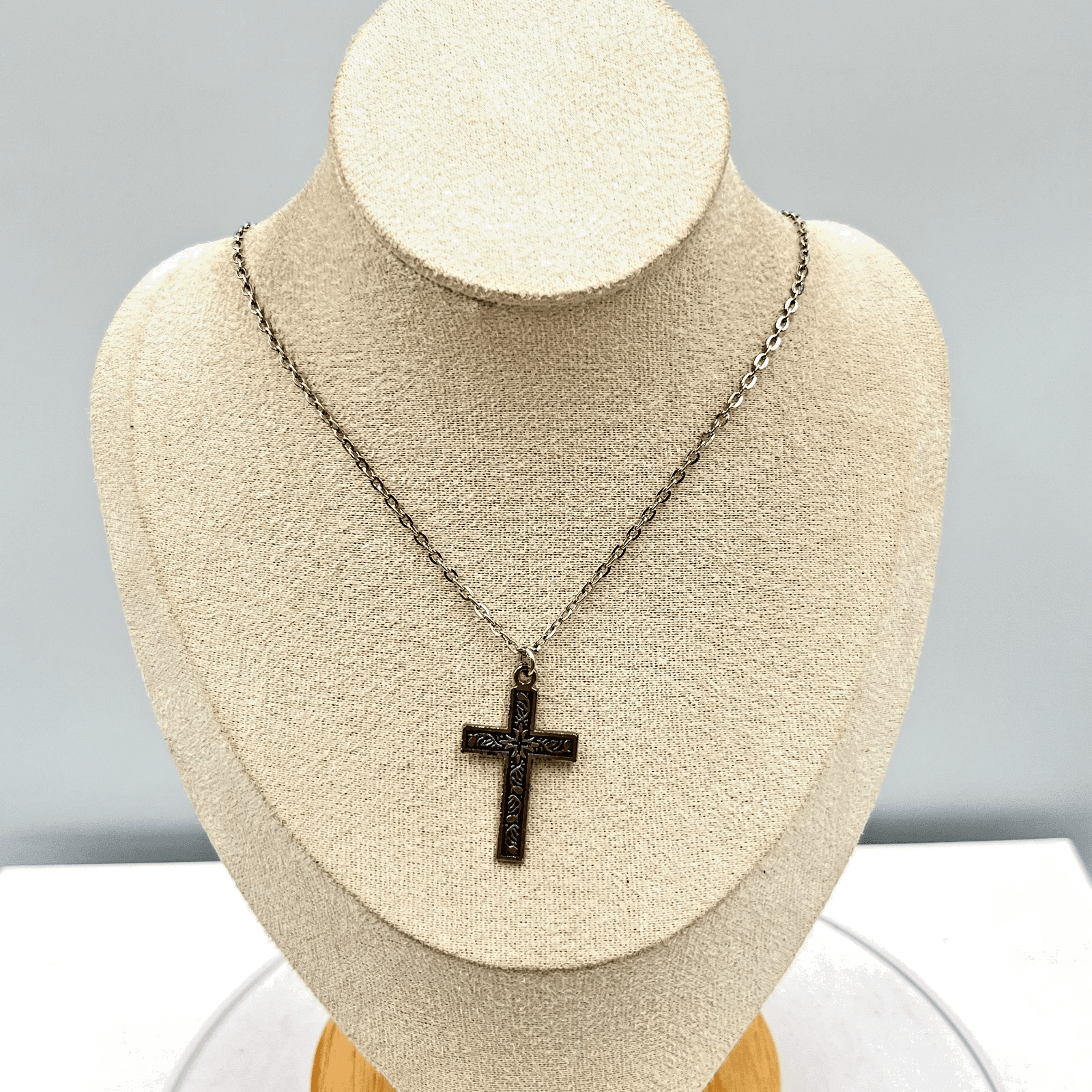 Vintage Blue Enamel Silver Tone Cross Pendant Necklace Religious Spiritual Boho - Thumbnail 2