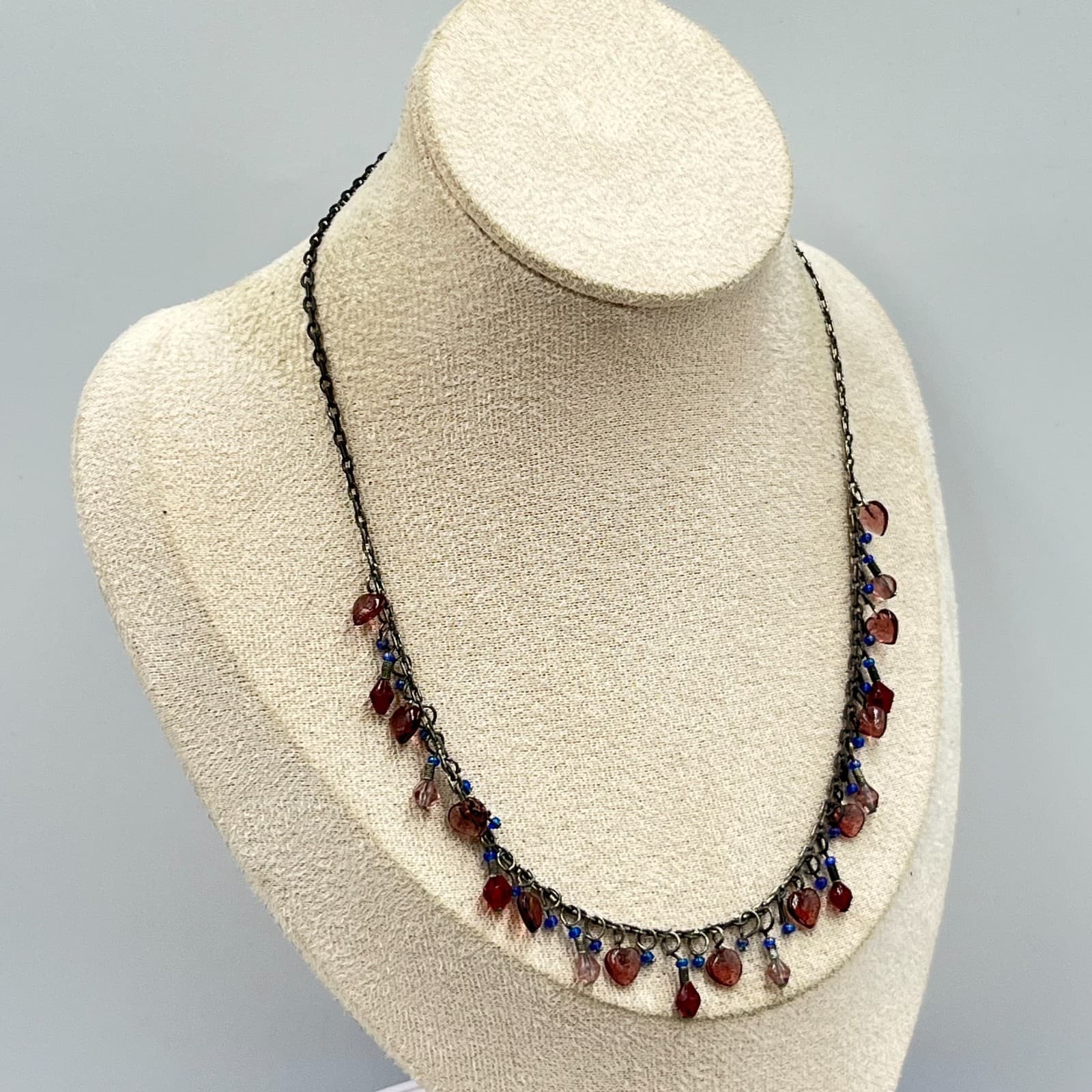 Vintage Retro Gunmetal Heart Charm Dangle Necklace Purple Red Blue Beaded Y2K - Thumbnail 7