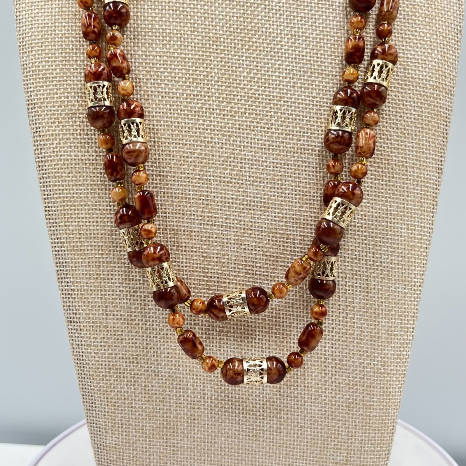 VTG Retro Faux Tortoise Shell Brown Mottled Bead Long Strand Necklace Gold Tone - Thumbnail 7
