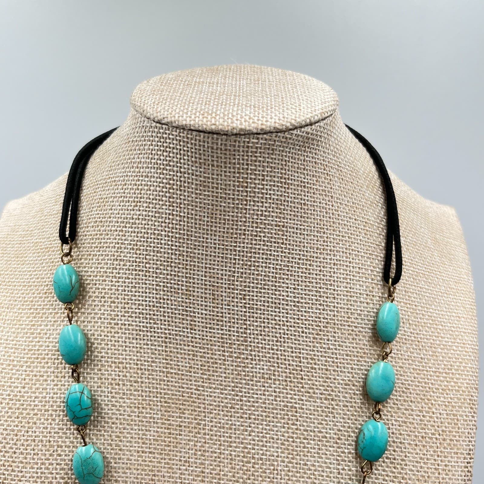 Vintage Boho Faux Turquoise Bead Necklace Retro Bronze Tone Corded Adjustable - Thumbnail 6