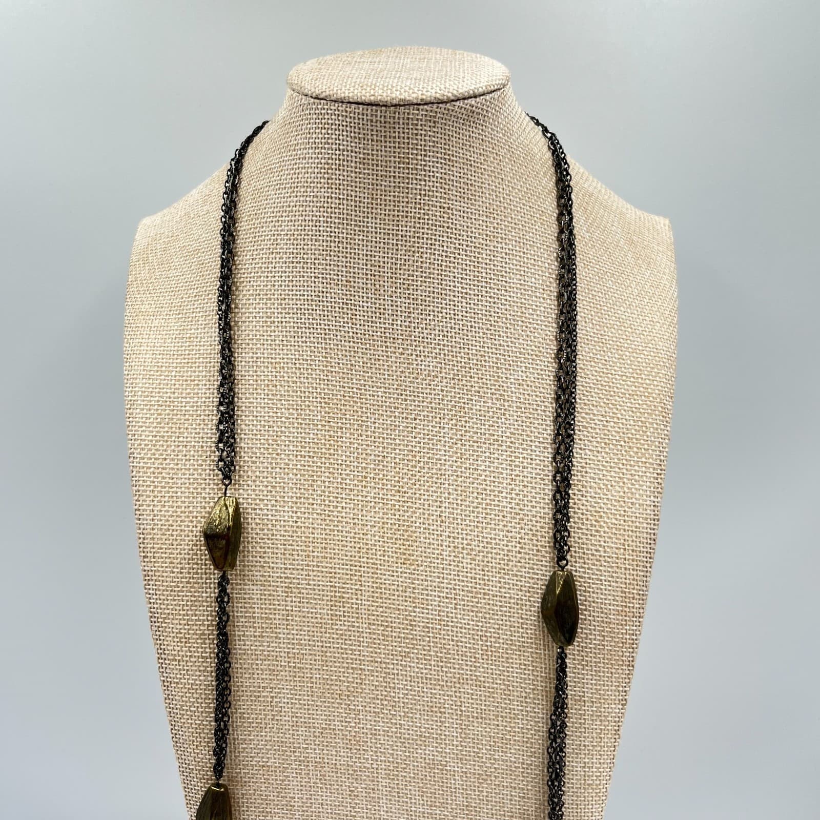 VTG Chico's Long Gunmetal Triple Strand Necklace Bronze Textured Bead Industrial - Thumbnail 5