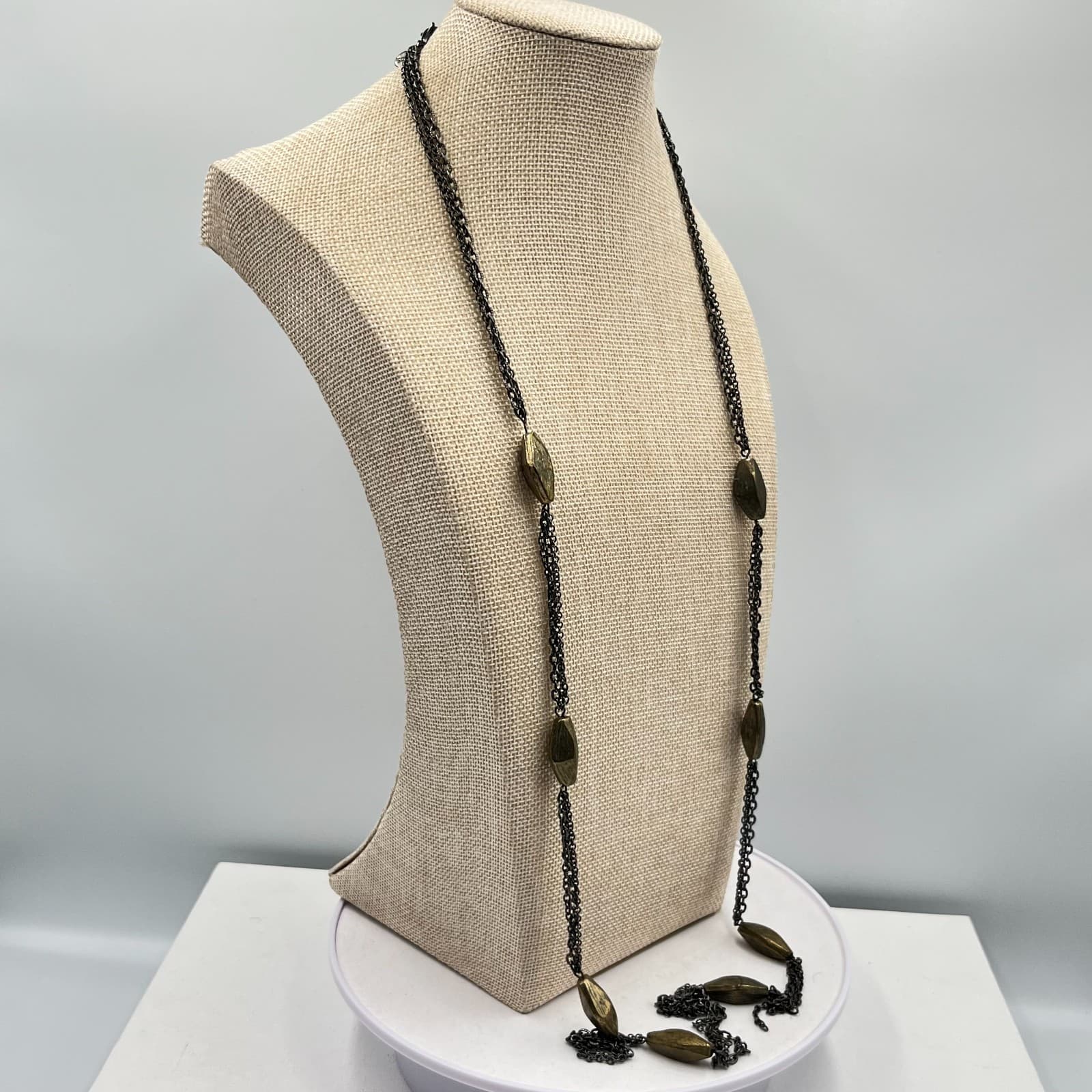 VTG Chico's Long Gunmetal Triple Strand Necklace Bronze Textured Bead Industrial - Thumbnail 8