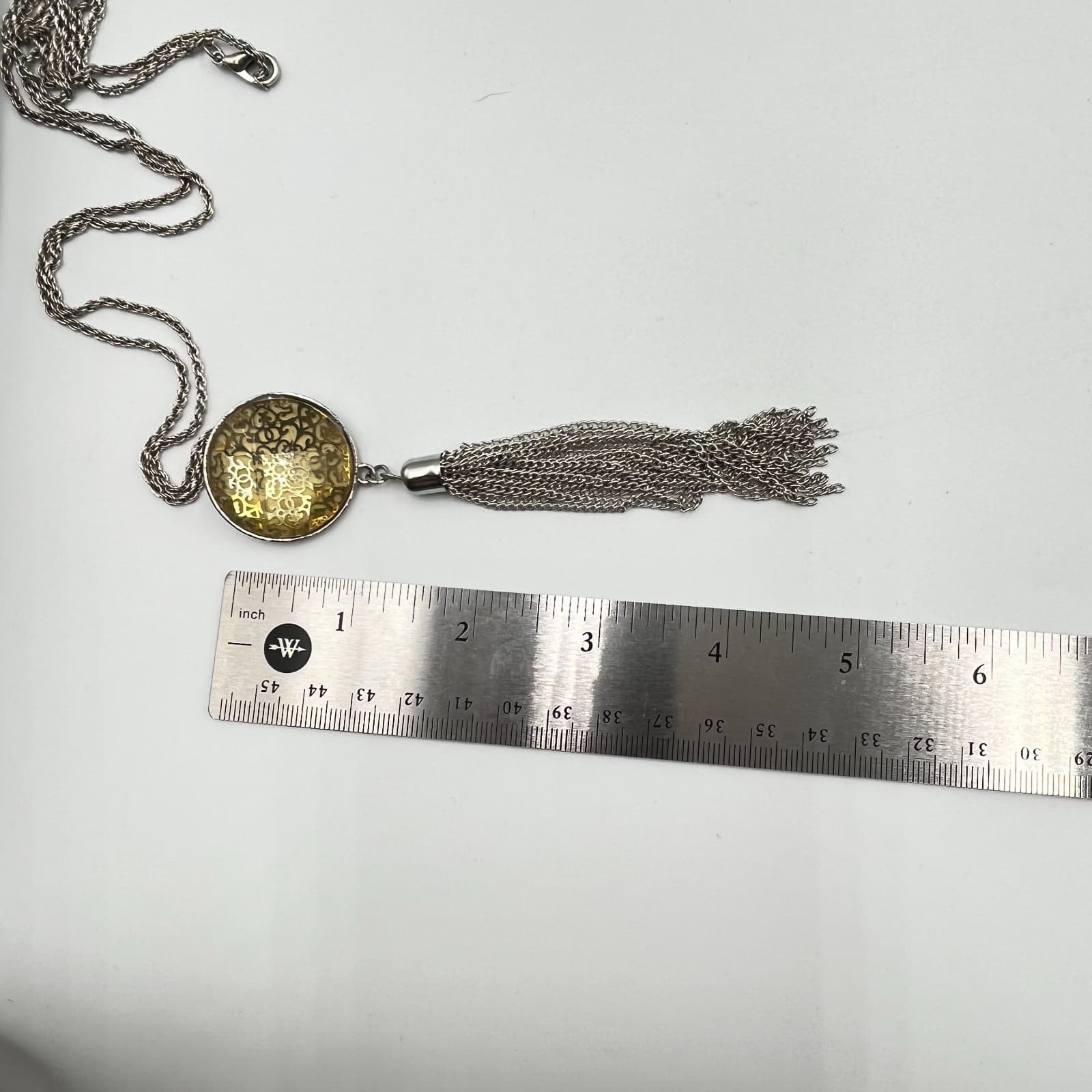 Vintage Silver Tone Long Tassel Necklace Amber Gold Tone Glass Filigree Pendant - Thumbnail 10