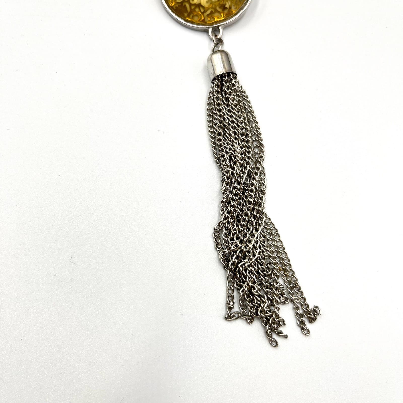 Vintage Silver Tone Long Tassel Necklace Amber Gold Tone Glass Filigree Pendant - Thumbnail 6