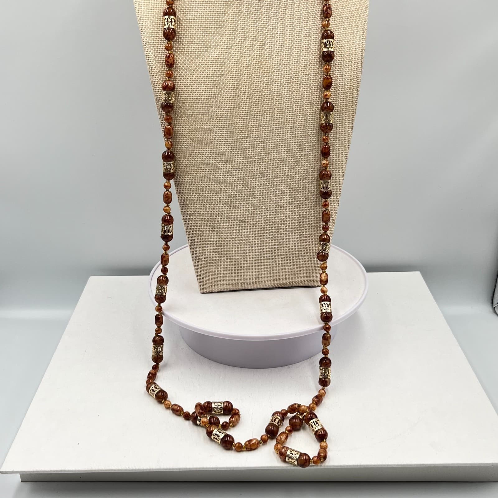 VTG Retro Faux Tortoise Shell Brown Mottled Bead Long Strand Necklace Gold Tone - Thumbnail 8