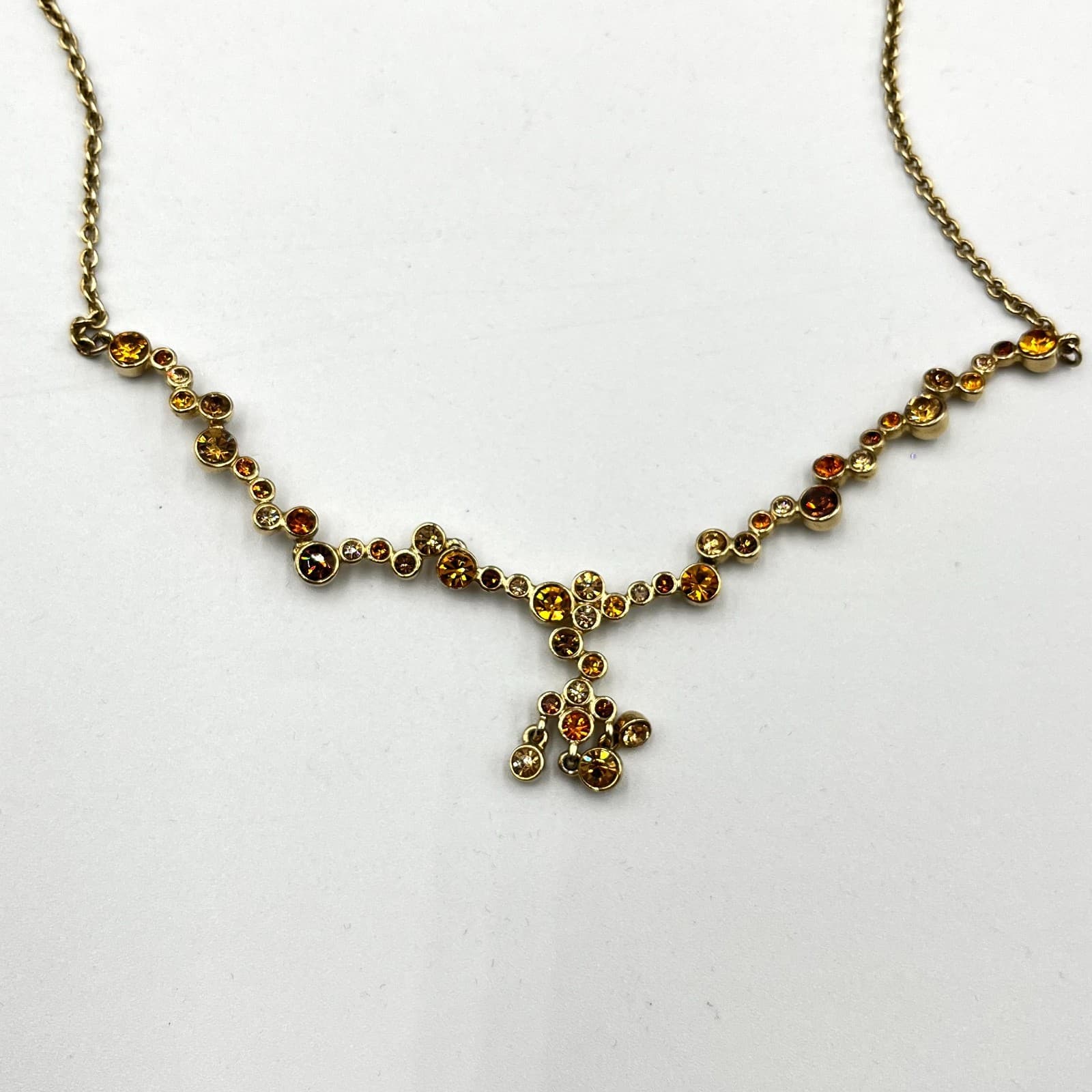 Vintage Amber Rhinestone Gold Tone Cluster Drop Necklace Elegant Retro Y2K - Thumbnail 2