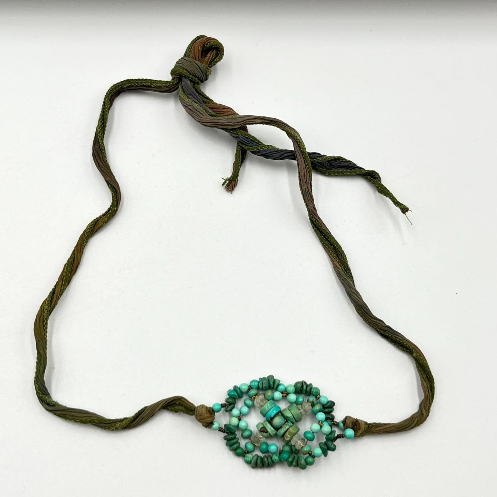 VTG Boho Artisan Turquoise Beads Silk Ribbon Wrap Necklace Earthy Mixed Green - Thumbnail 4