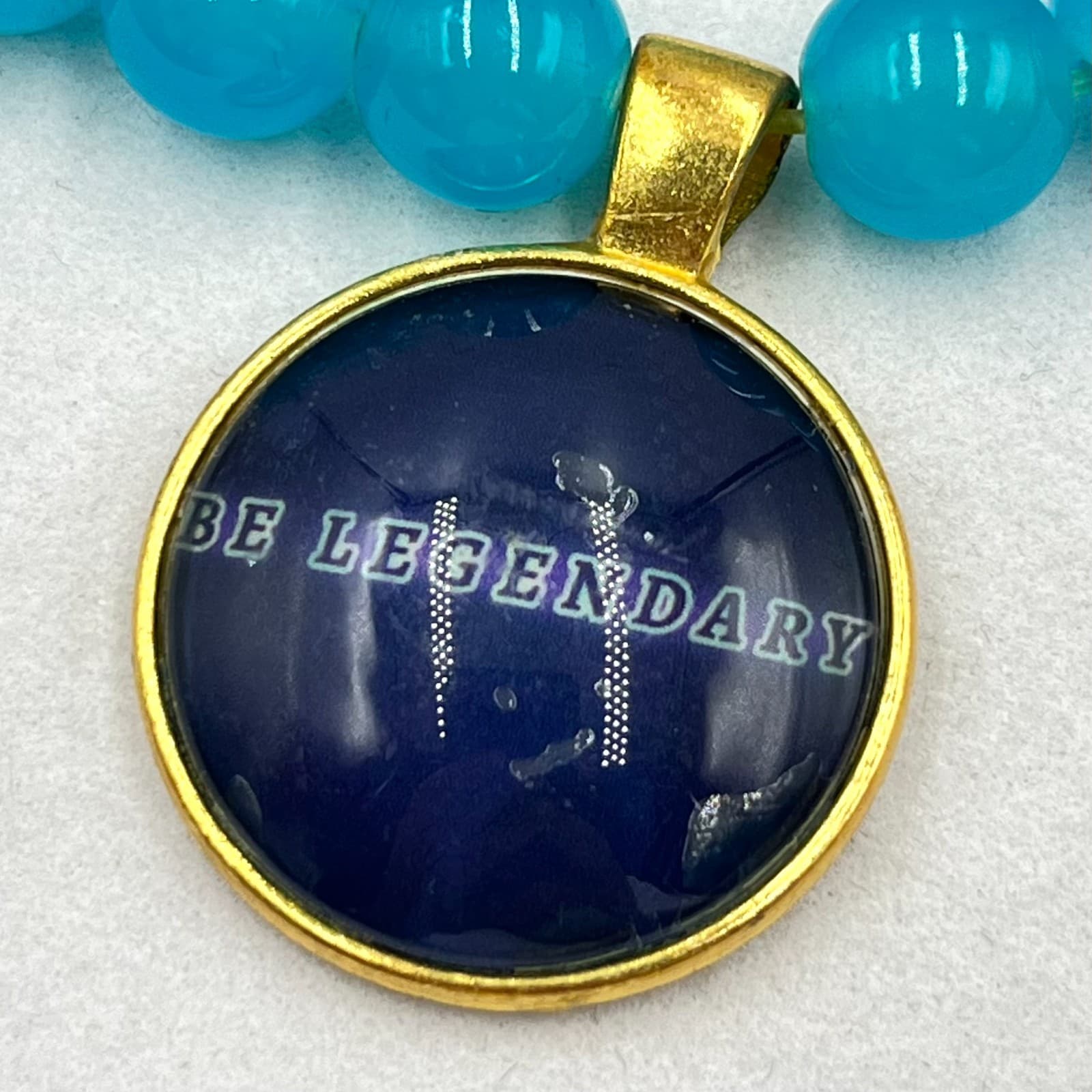 Modern Blue Round Glass Beaded Bracelet Gold Tone "Be Legendary" Charm Retro - Thumbnail 3