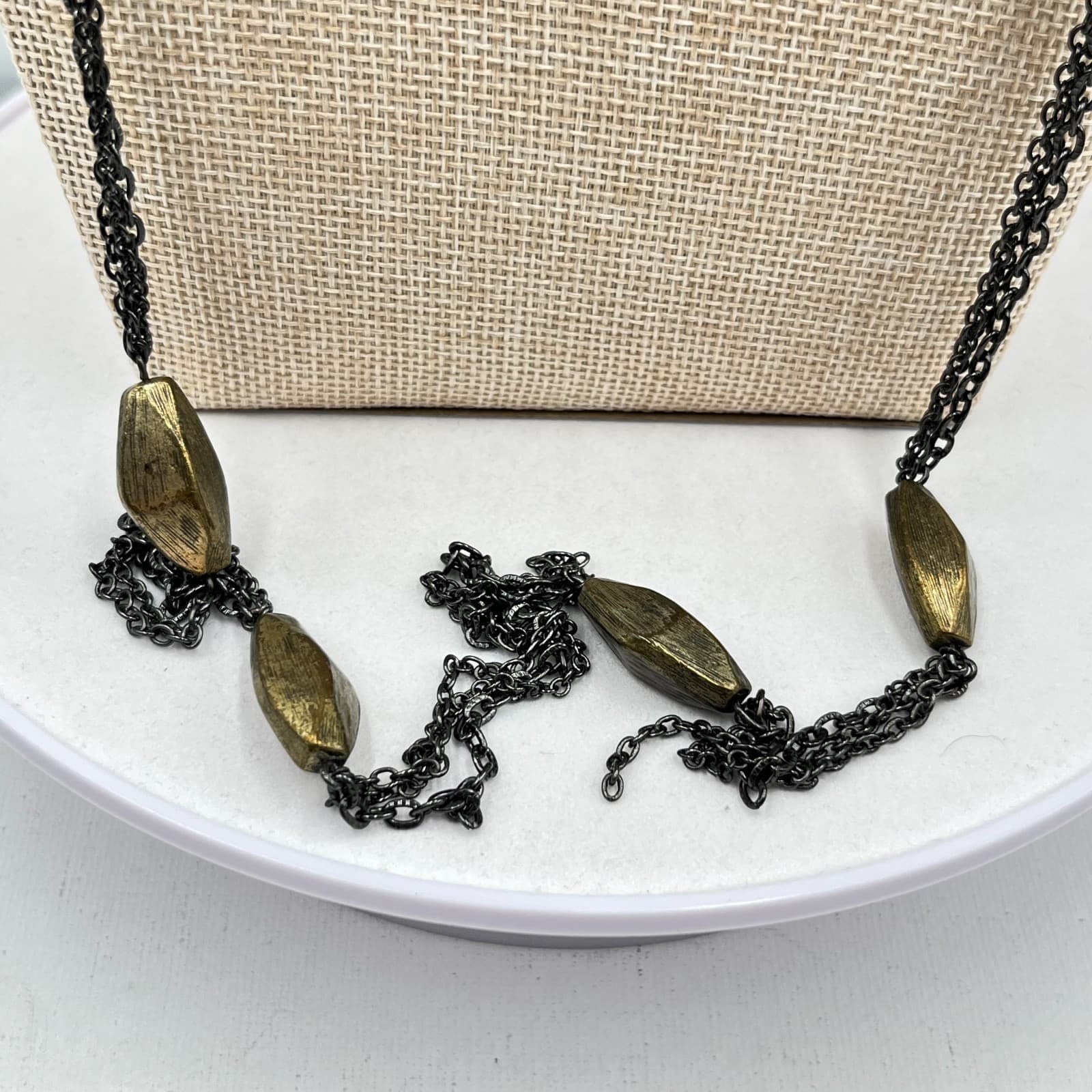 VTG Chico's Long Gunmetal Triple Strand Necklace Bronze Textured Bead Industrial - Thumbnail 7