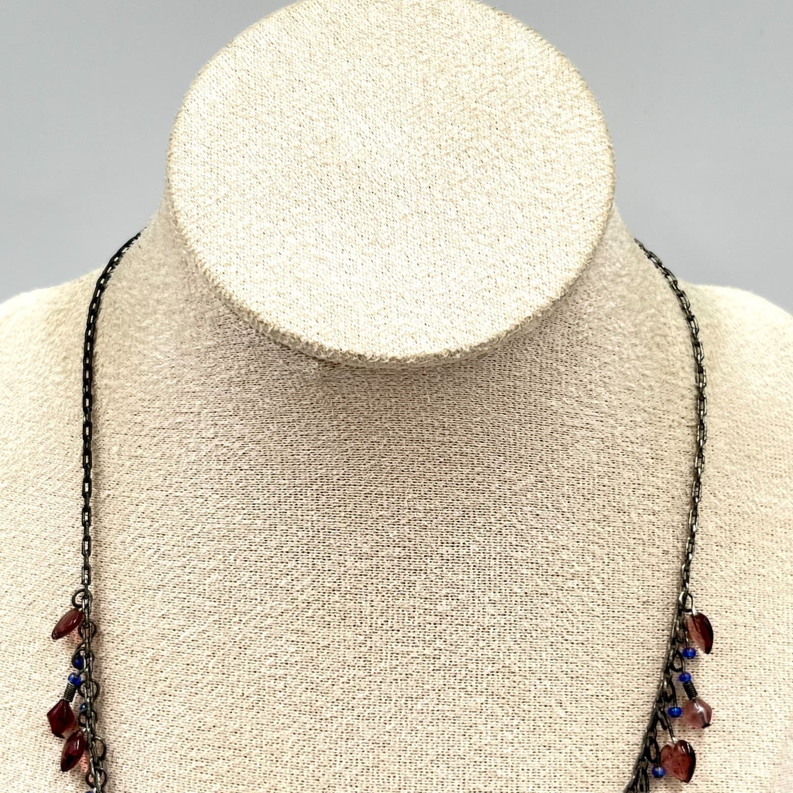 Vintage Retro Gunmetal Heart Charm Dangle Necklace Purple Red Blue Beaded Y2K - Thumbnail 5