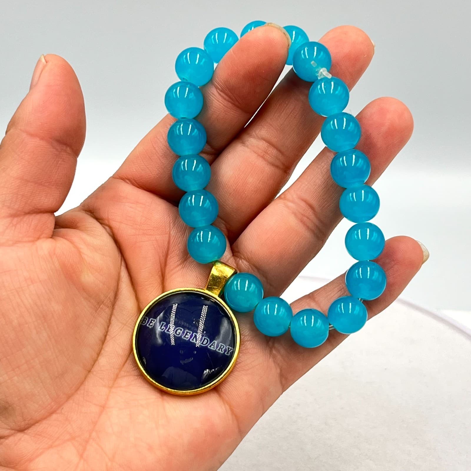 Modern Blue Round Glass Beaded Bracelet Gold Tone "Be Legendary" Charm Retro - Thumbnail 5