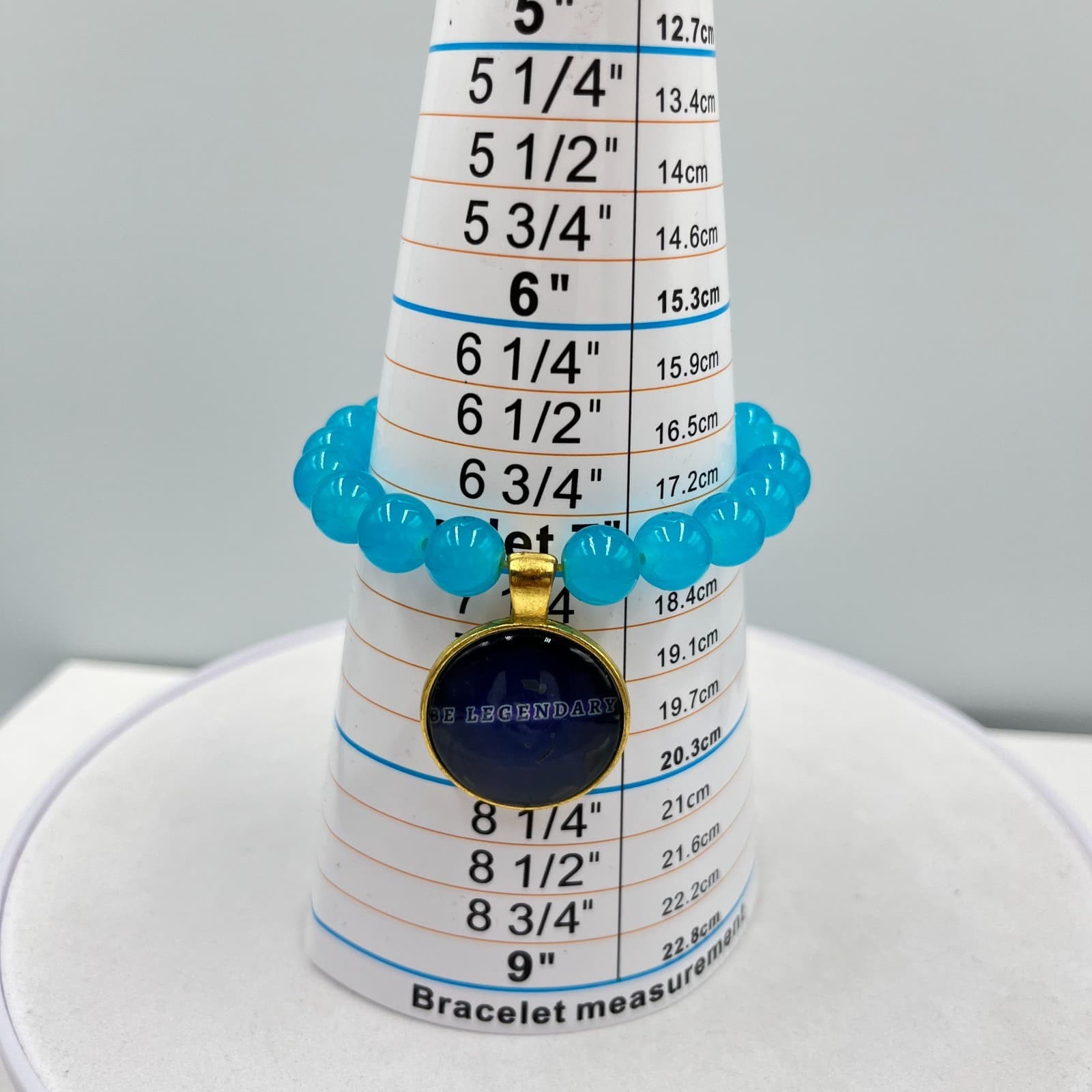 Modern Blue Round Glass Beaded Bracelet Gold Tone "Be Legendary" Charm Retro - Thumbnail 8