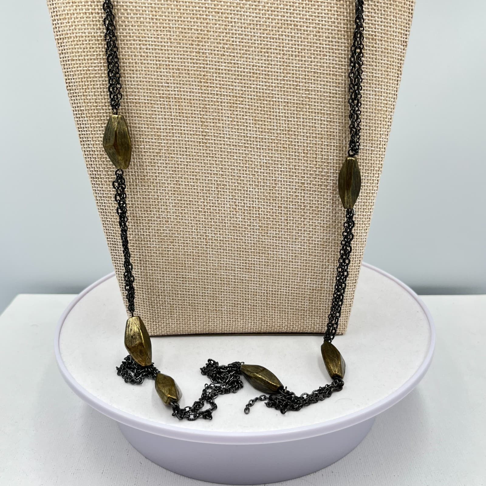 VTG Chico's Long Gunmetal Triple Strand Necklace Bronze Textured Bead Industrial - Thumbnail 6