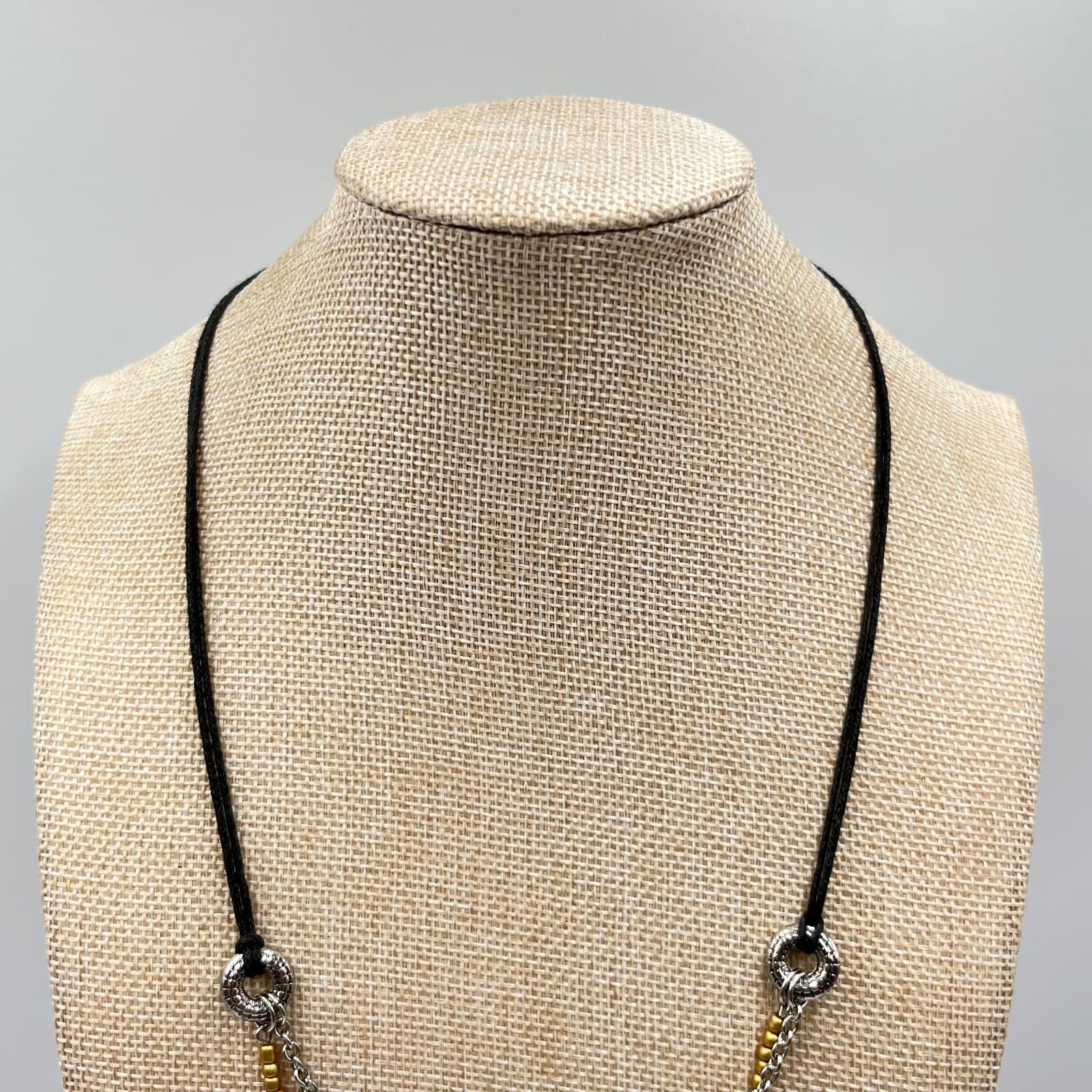 Vintage Boho Multi-Strand Charm Necklace Black Cord Mixed Beaded Silver Tone Y2K - Thumbnail 7
