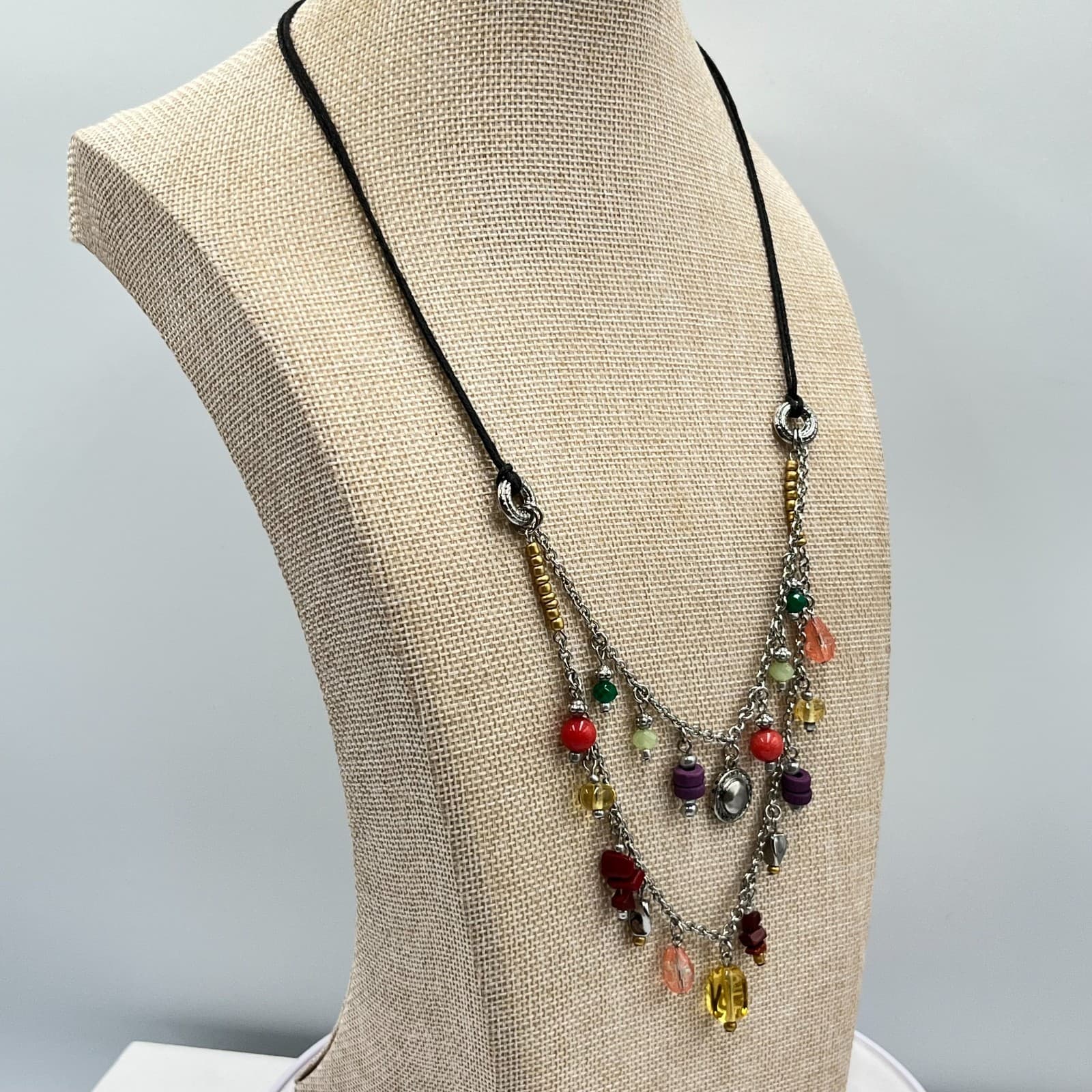 Vintage Boho Multi-Strand Charm Necklace Black Cord Mixed Beaded Silver Tone Y2K - Thumbnail 9