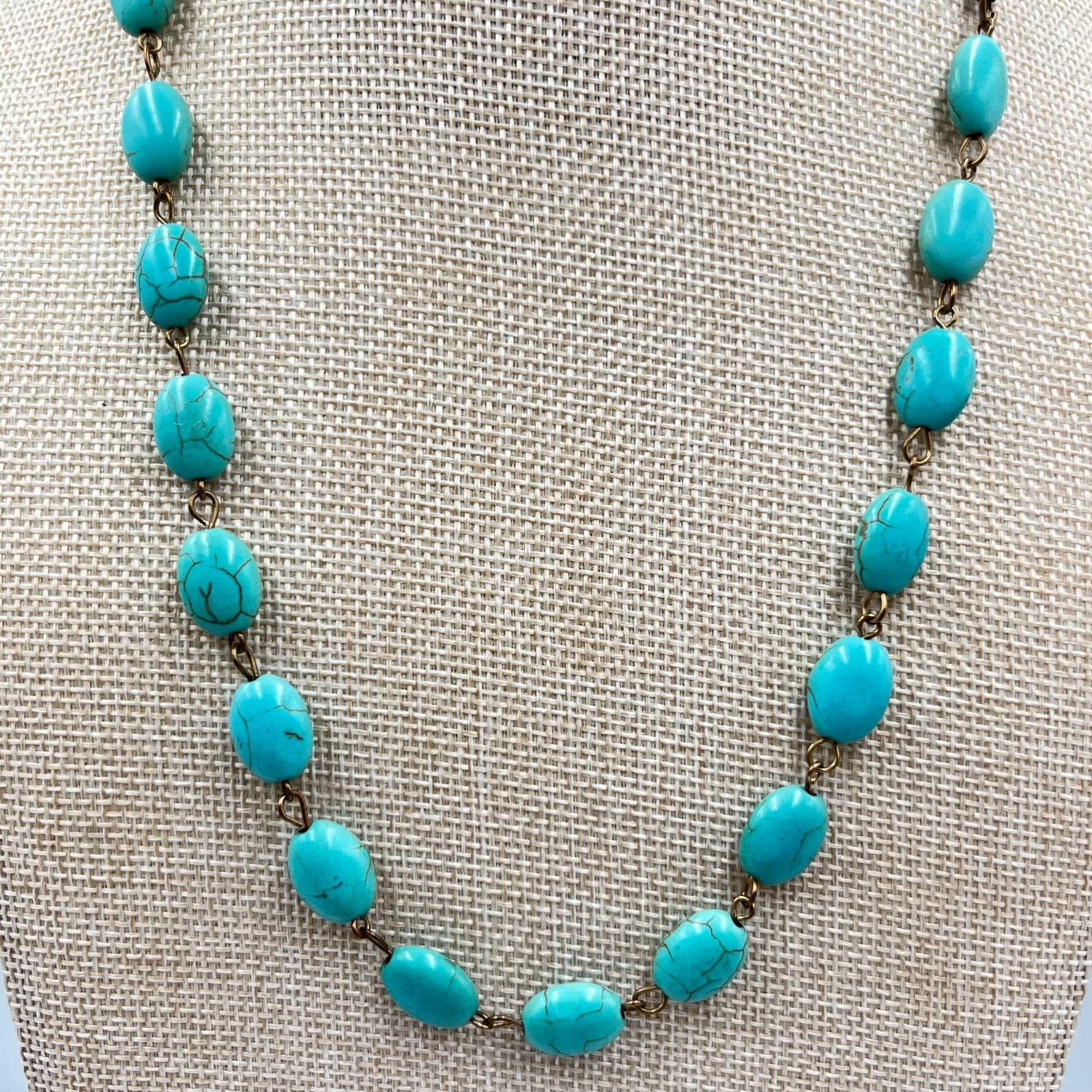 Vintage Boho Faux Turquoise Bead Necklace Retro Bronze Tone Corded Adjustable - Thumbnail 7
