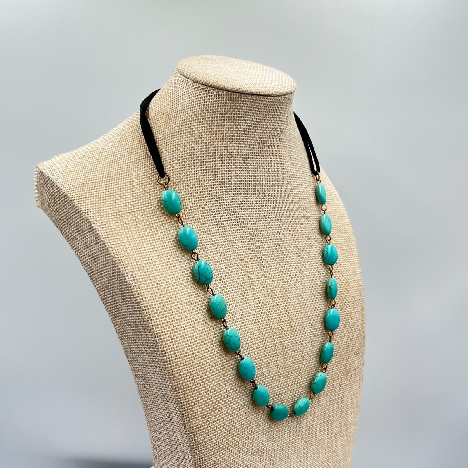 Vintage Boho Faux Turquoise Bead Necklace Retro Bronze Tone Corded Adjustable - Thumbnail 8
