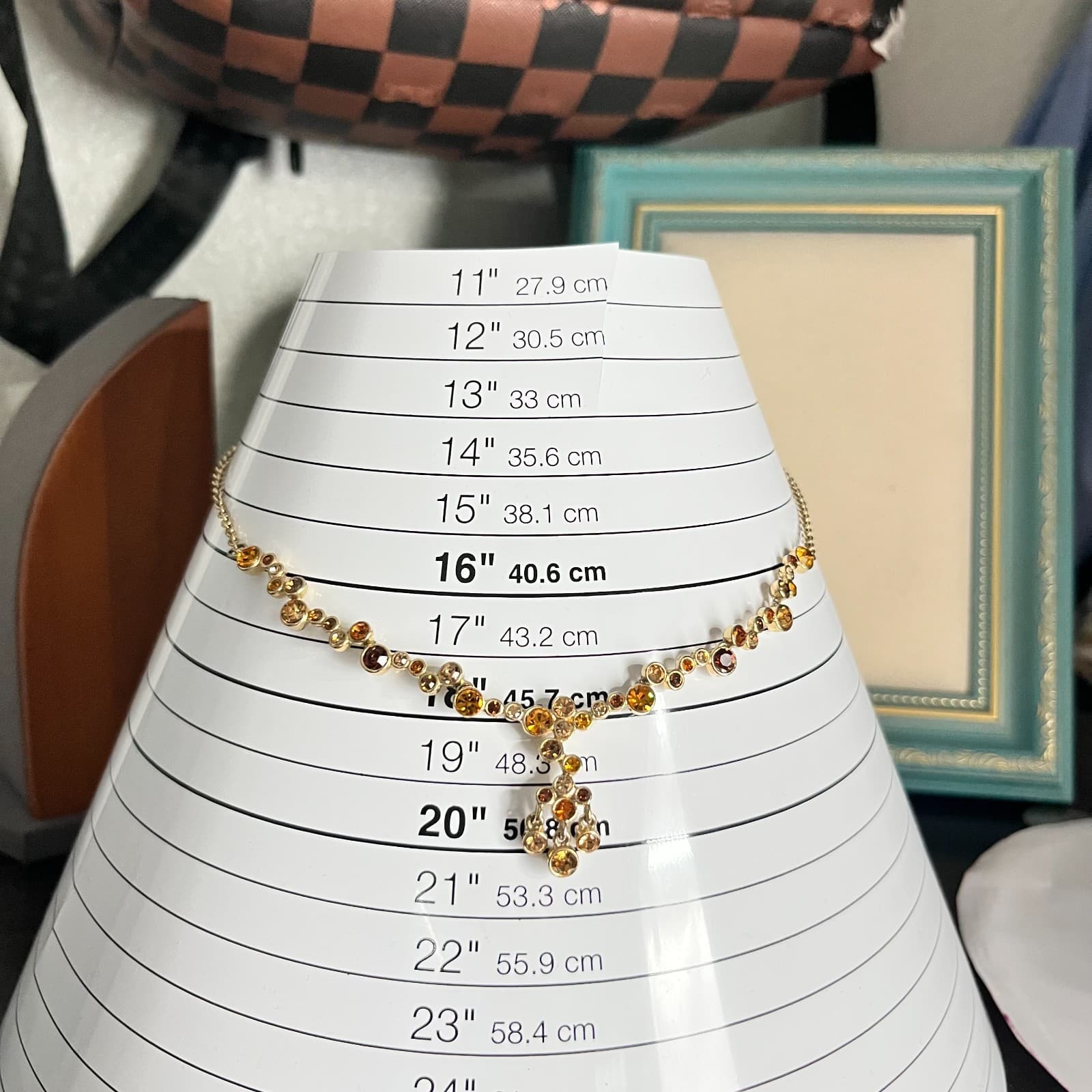 Vintage Amber Rhinestone Gold Tone Cluster Drop Necklace Elegant Retro Y2K - Thumbnail 9
