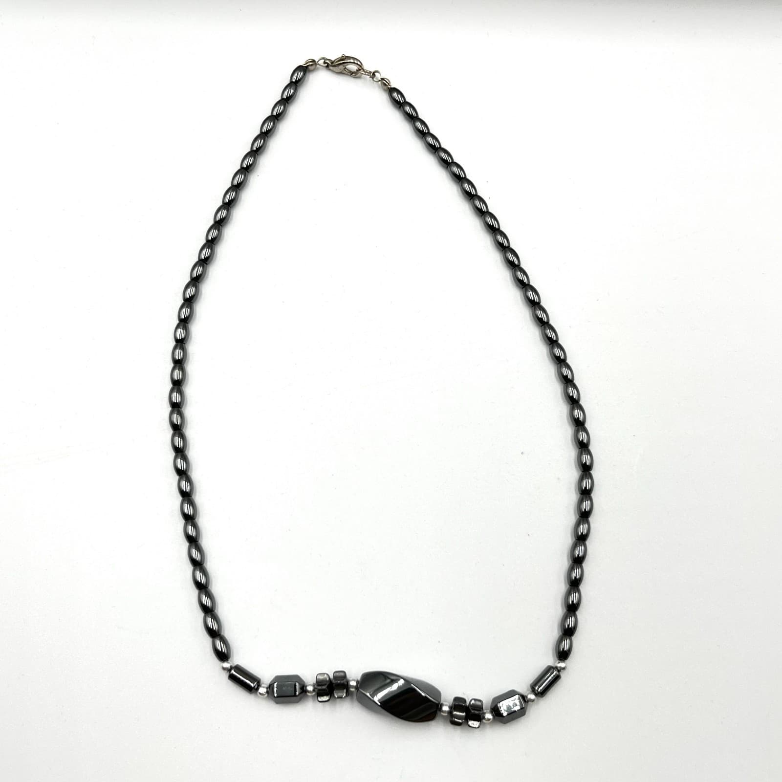 Vintage Hematite Beaded Statement Necklace Gunmetal Grey Geometric Classic - Thumbnail 2
