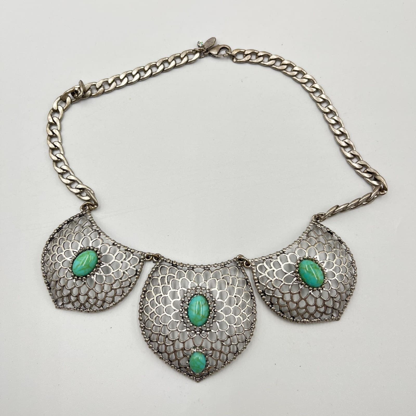 Vintage Express Silver Tone Filigree Faux Turquoise Bib Statement Necklace Retro - Thumbnail 2