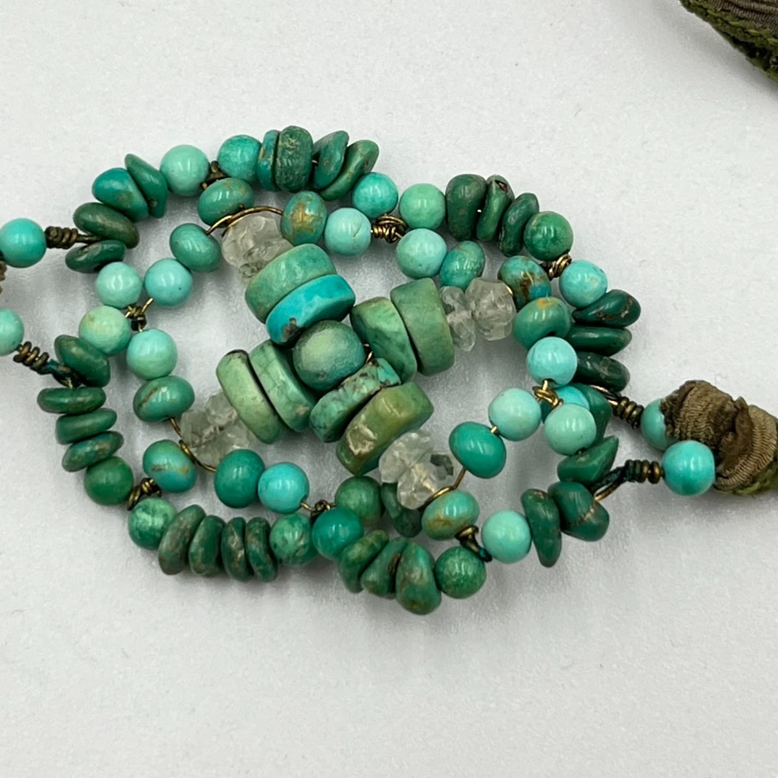 VTG Boho Artisan Turquoise Beads Silk Ribbon Wrap Necklace Earthy Mixed Green - Thumbnail 2