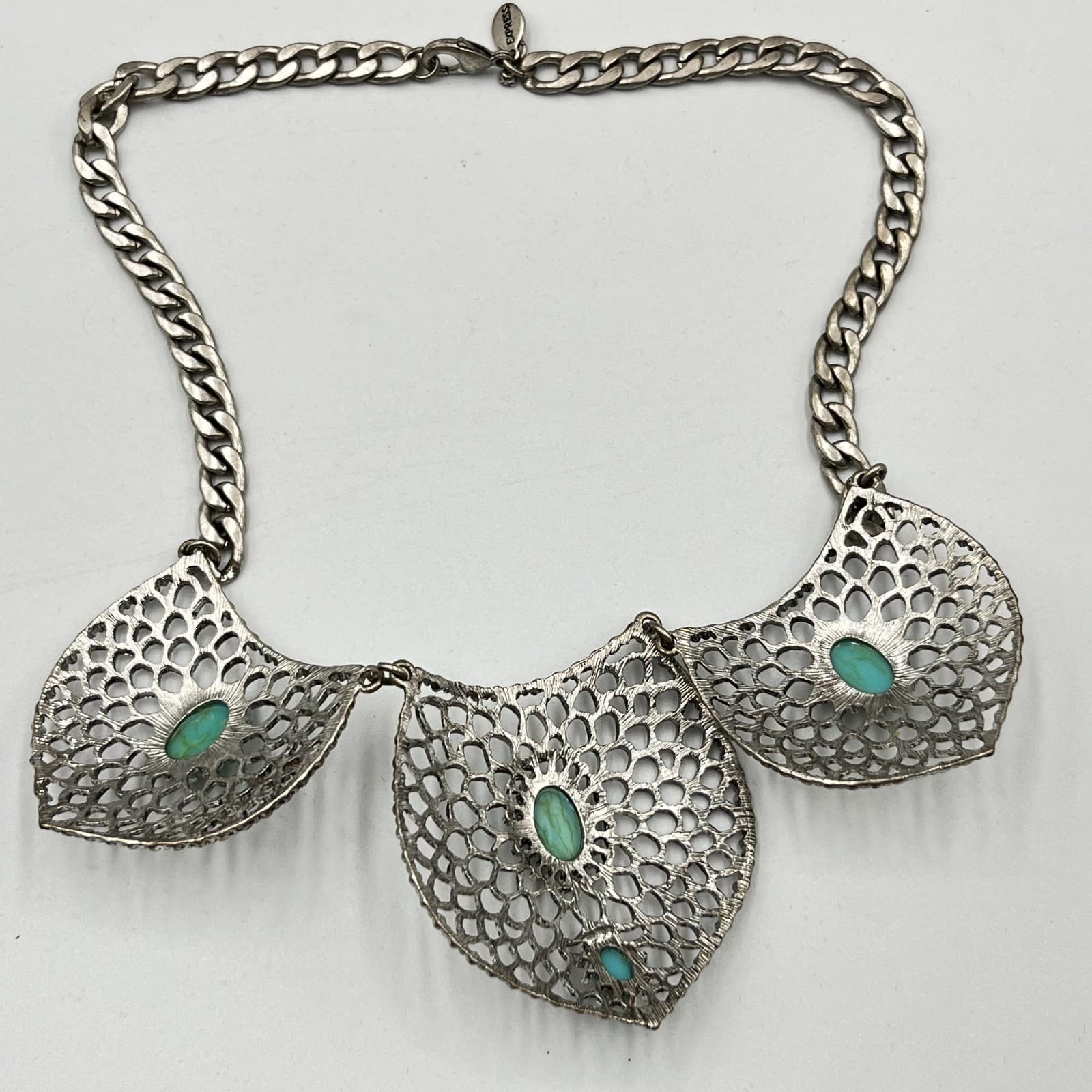 Vintage Express Silver Tone Filigree Faux Turquoise Bib Statement Necklace Retro - Thumbnail 6