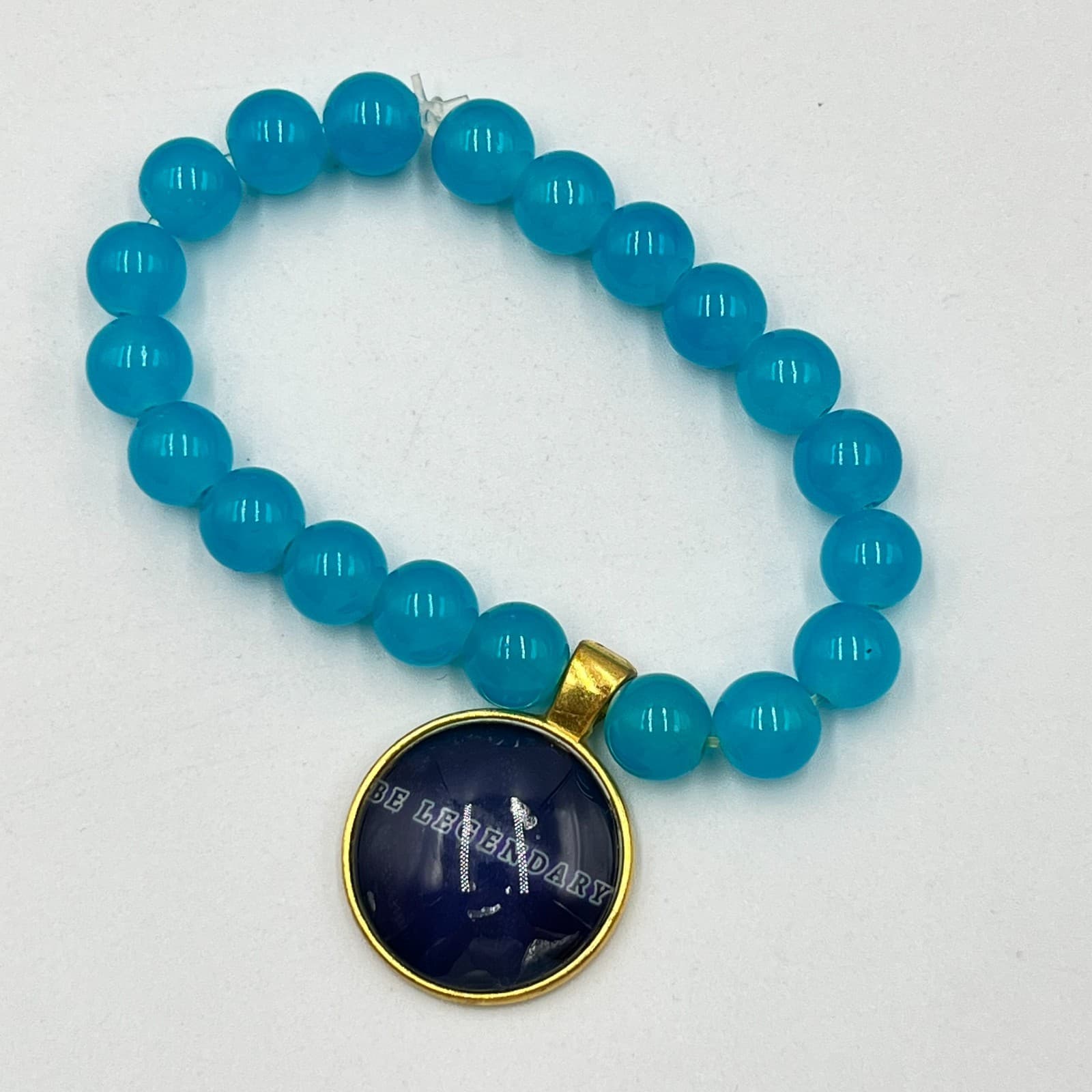 Modern Blue Round Glass Beaded Bracelet Gold Tone "Be Legendary" Charm Retro - Thumbnail 6
