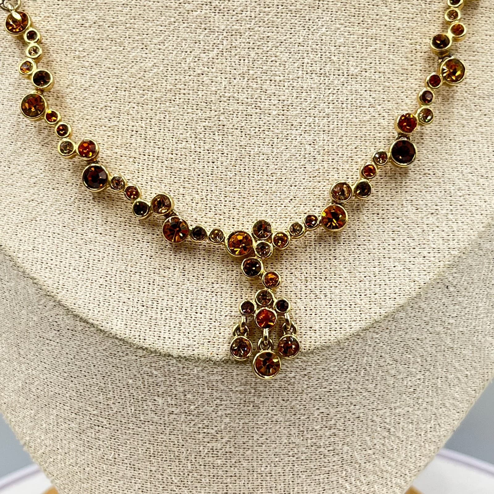 Vintage Amber Rhinestone Gold Tone Cluster Drop Necklace Elegant Retro Y2K - Thumbnail 8