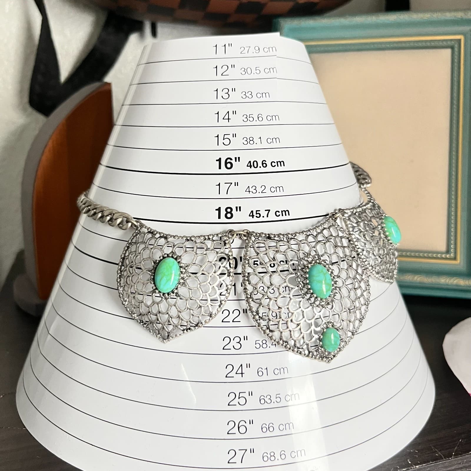 Vintage Express Silver Tone Filigree Faux Turquoise Bib Statement Necklace Retro - Thumbnail 12