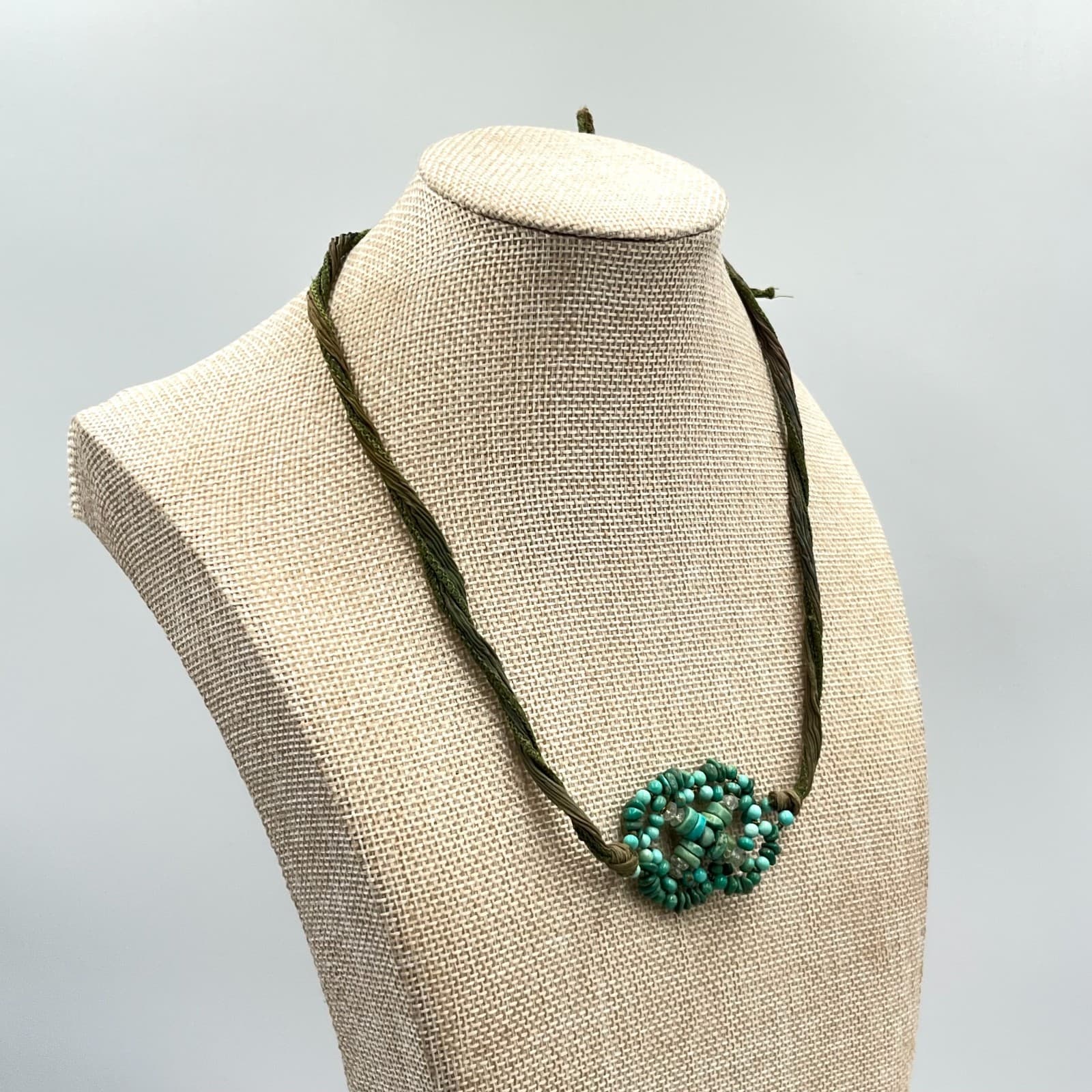 VTG Boho Artisan Turquoise Beads Silk Ribbon Wrap Necklace Earthy Mixed Green - Thumbnail 6