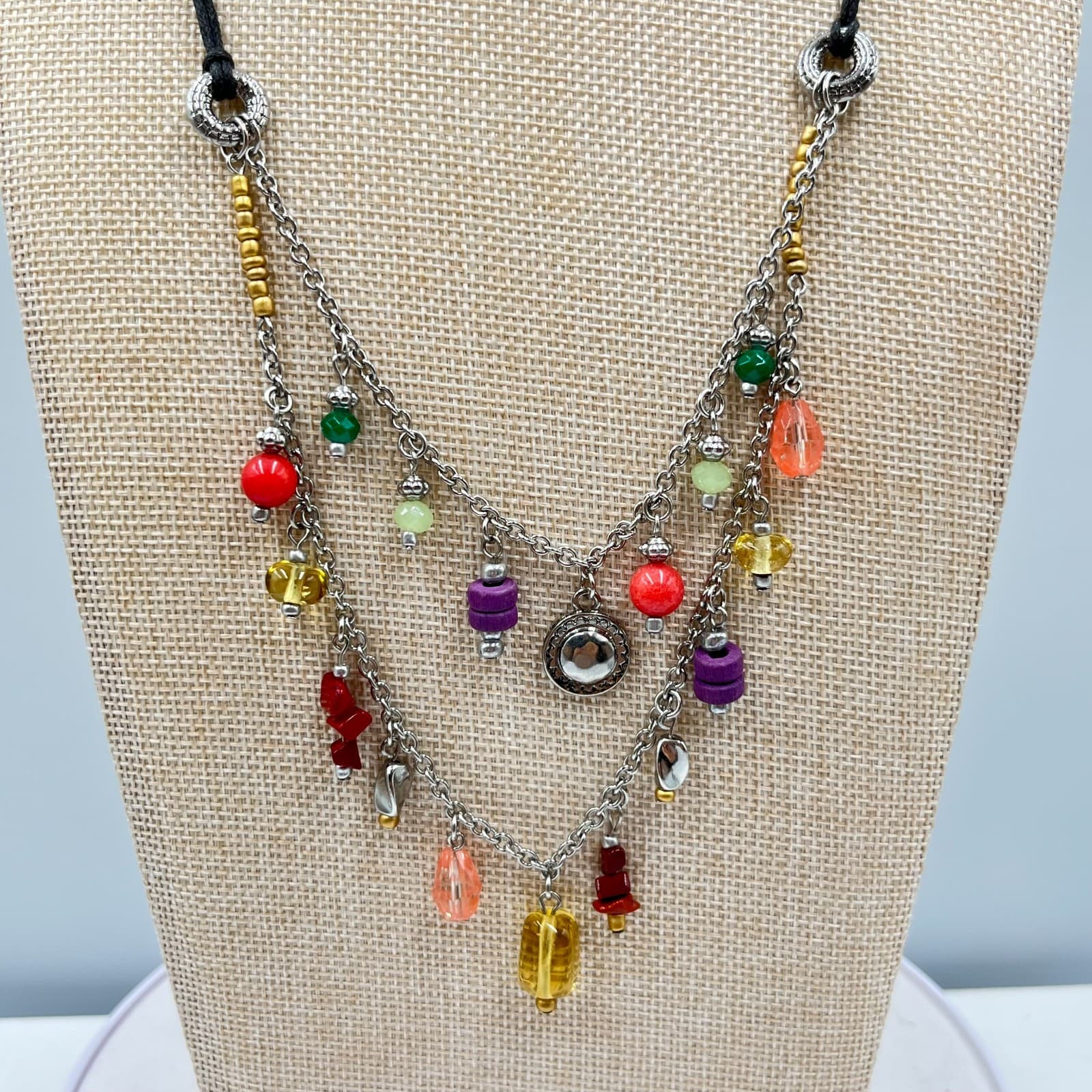 Vintage Boho Multi-Strand Charm Necklace Black Cord Mixed Beaded Silver Tone Y2K - Thumbnail 8