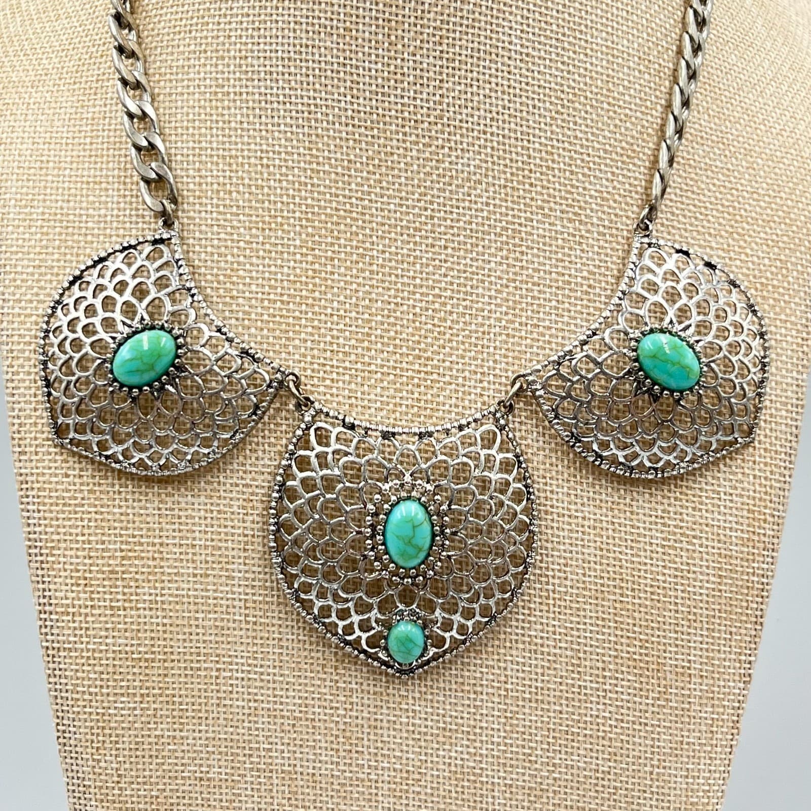 Vintage Express Silver Tone Filigree Faux Turquoise Bib Statement Necklace Retro - Thumbnail 9