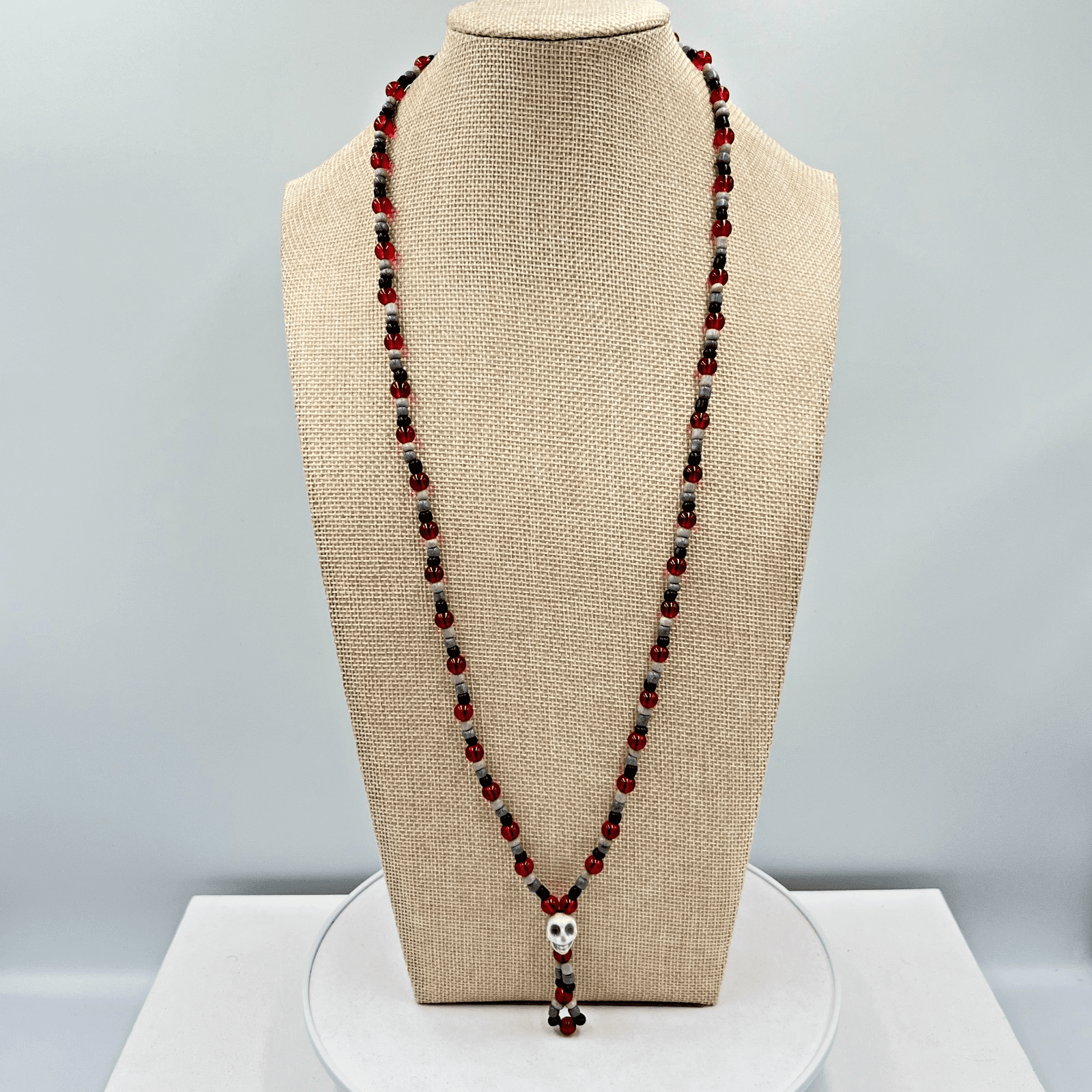 Vintage Goth Red & Black Beaded Skull Necklace Retro Grunge Alt Boho Jewelry - Thumbnail 2
