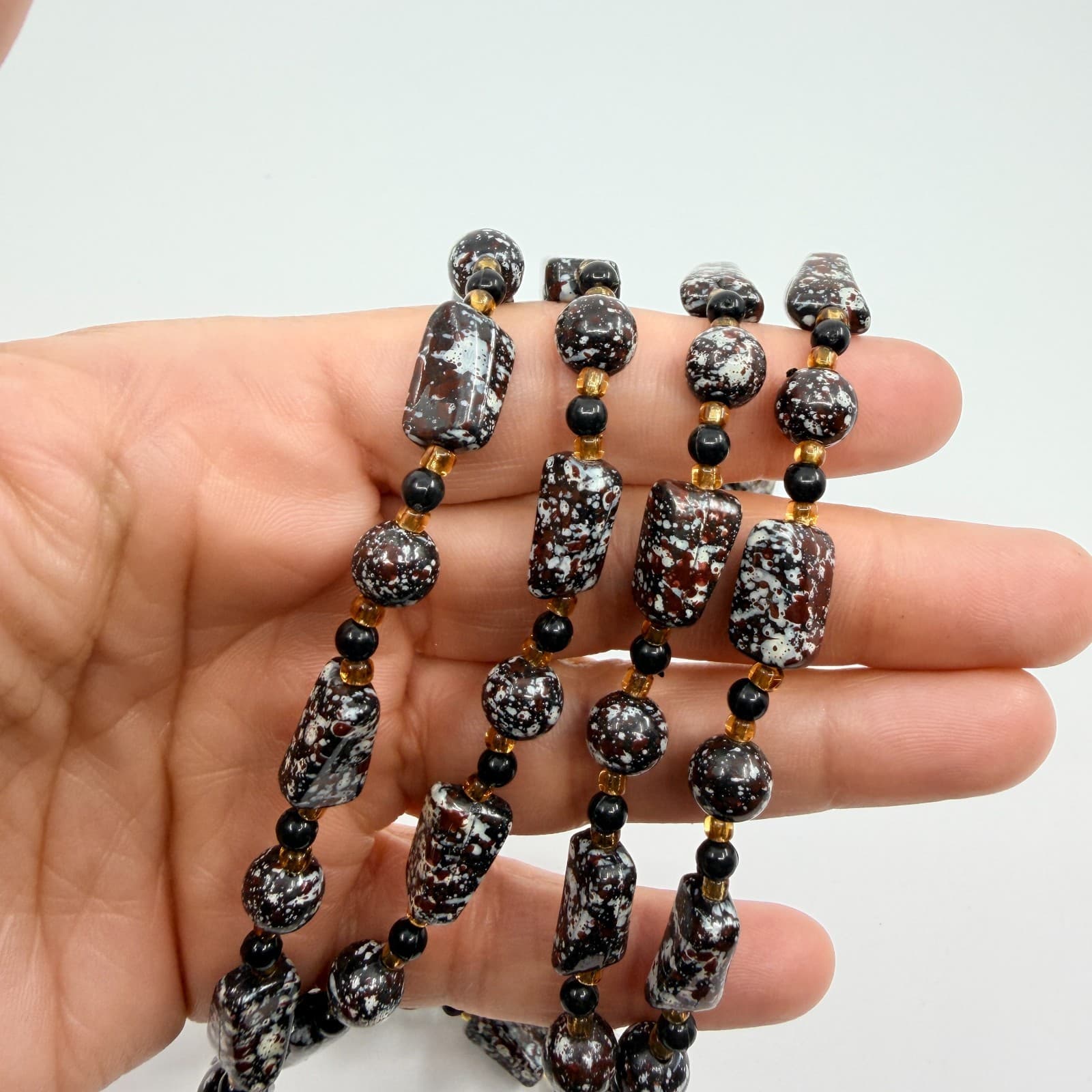 Vintage Brown White Mottled Bead Multi Strand Necklace Chunky Statement Boho Art - Thumbnail 7