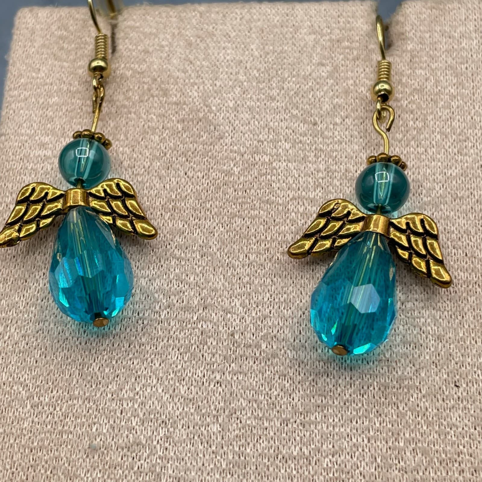 Vintage Handmade Angel Dangle Earrings Gold Tone Blue Faceted Crystal Drop Hook - Thumbnail 6