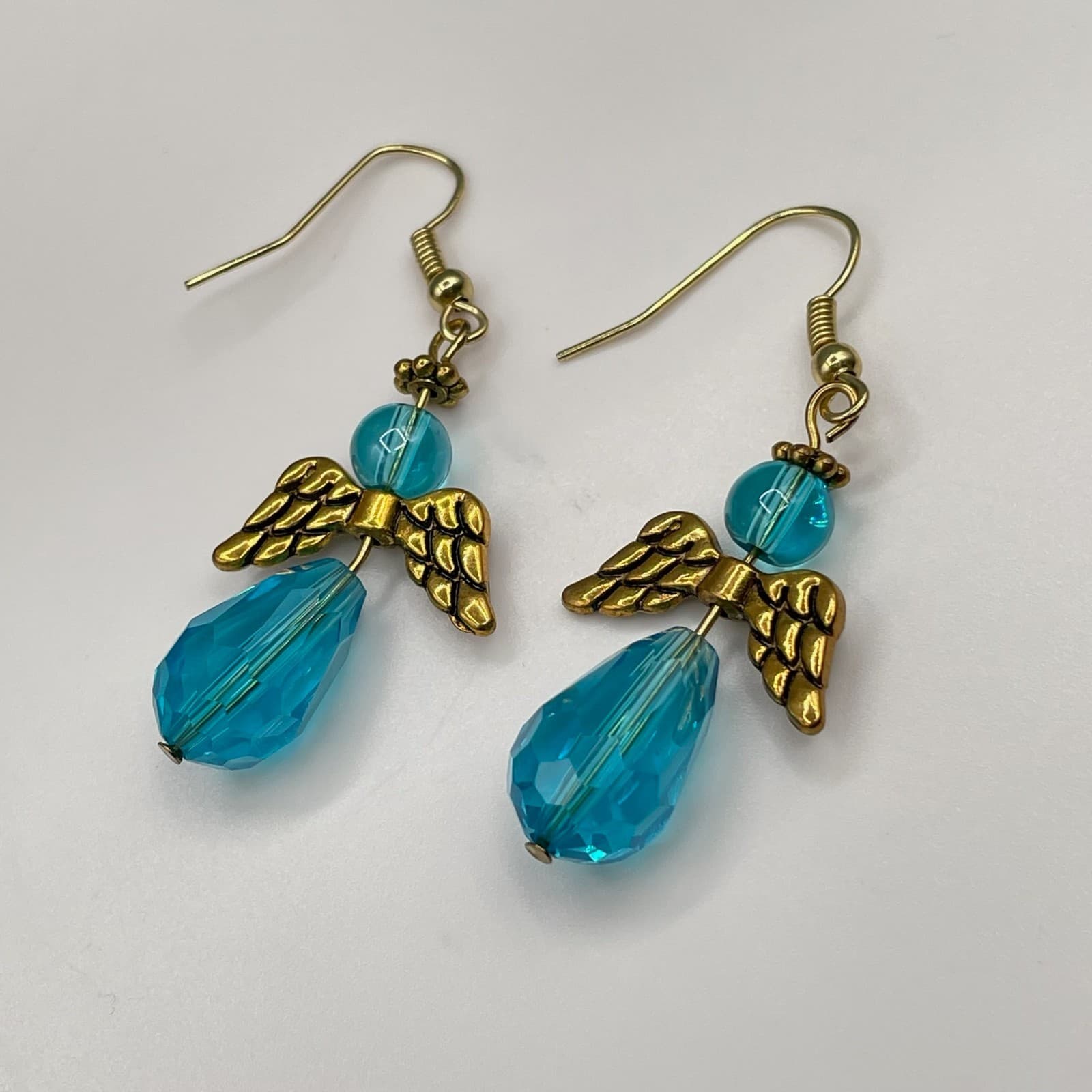 Vintage Handmade Angel Dangle Earrings Gold Tone Blue Faceted Crystal Drop Hook - Thumbnail 11