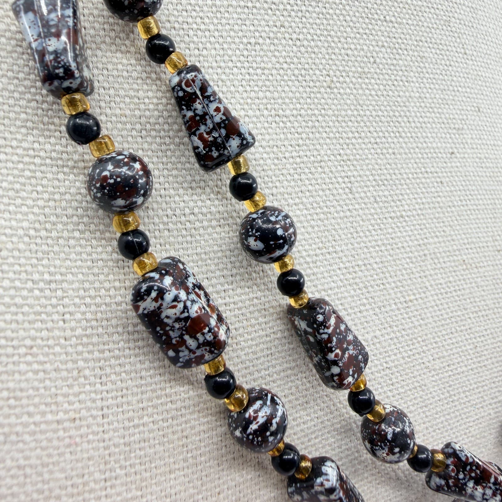 Vintage Brown White Mottled Bead Multi Strand Necklace Chunky Statement Boho Art - Thumbnail 3