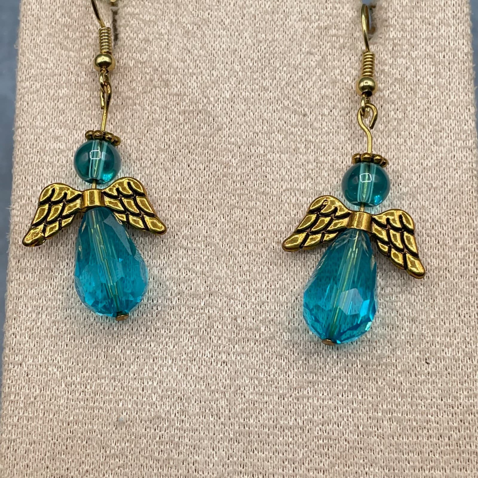 Vintage Handmade Angel Dangle Earrings Gold Tone Blue Faceted Crystal Drop Hook - Thumbnail 4